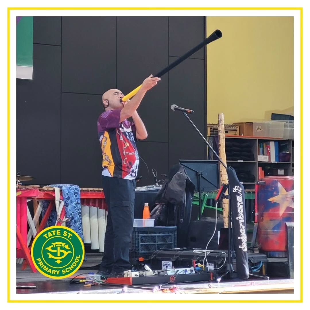 We were lucky enough to welcome @tjupurru_official to Tate Street on Tuesday to deliver his Didgeribone incursion. Keeping the whole school, students and staff, enthralled for the full hour, we were honoured to hear some stories from his and his family's history and to learn about how he creates his amazing songs using innovative technology.