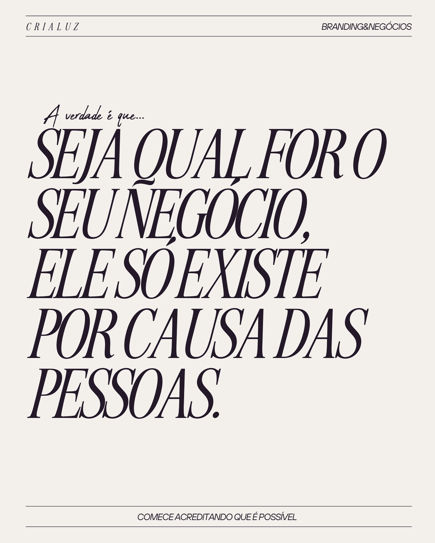 Precisa de ajuda para compreender quem realmente vai se interessar e valorizar o seu produto ou serviço?
Os projetos que tocamos aqui na Crialuz giram em torno de ajudar nossos clientes a compreenderem profundamente a mente de seus próprios clientes e a criar soluções que ressoem com eles. ✨
Entendemos a importância de desenvolver o branding de um negócio, a partir da posição perceptiva do cliente ideal, buscando por meio de processos e ferramentas, ver o que ele vê, falar o que ele fala, ouvir o que ele ouve e sentir o que ele sente. Tudo isso unindo, estrategicamente, o objetivo da empresa com os desejos de seus clientes, porque entendemos que pessoas são, e sempre devem ser, o coração de qualquer negócio. 🤍
Nosso compromisso é ajudar você a expandir seu negócio, tornando-o ainda mais conectado com quem que mais importa! ✨
Comente a palavra: “PURPLE”
E aguarde nosso contato para uma reunião de alinhamento gratuita com a equipe Crialuz.
#branding #empreendedorismo #brandingparaemprendedores