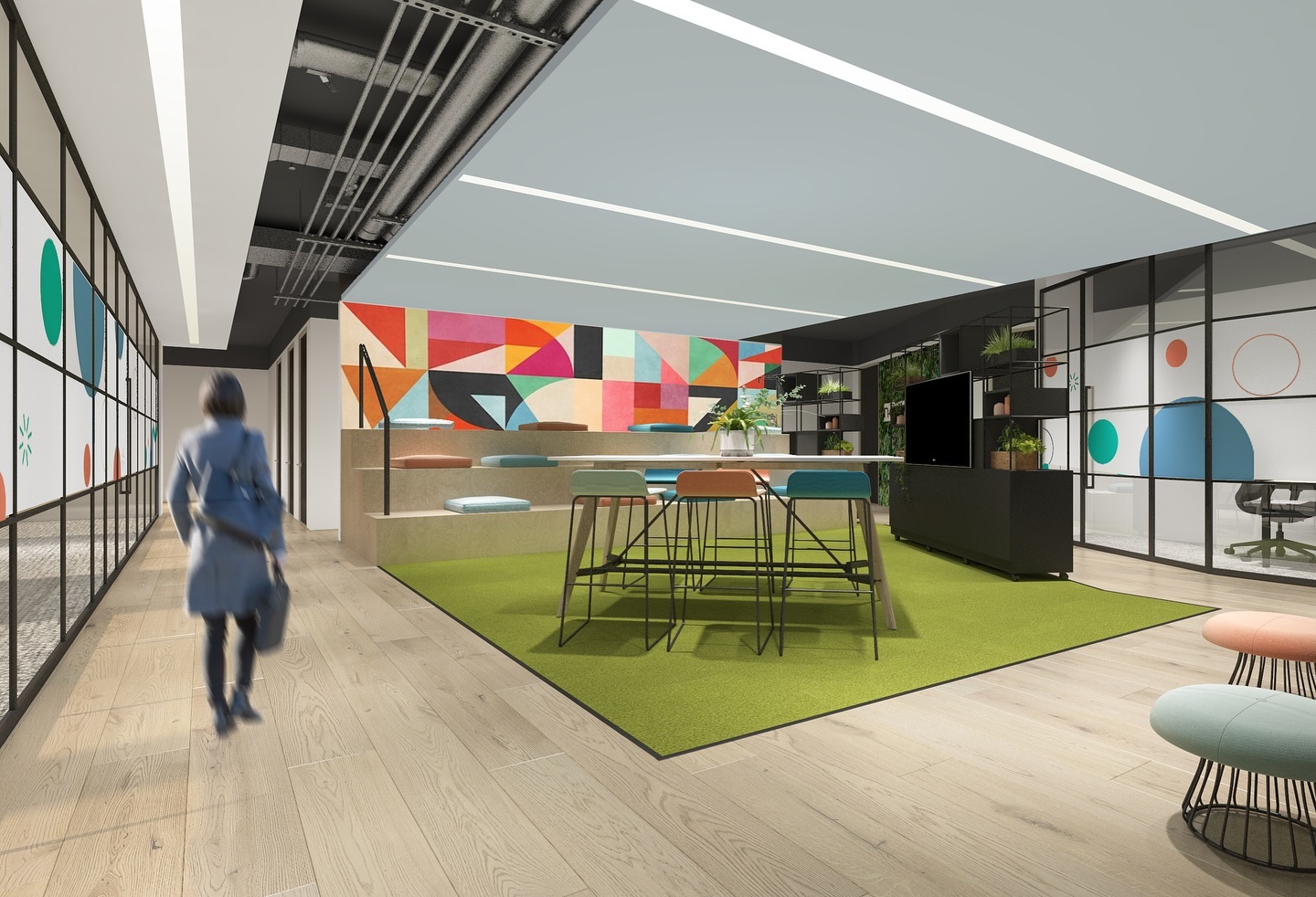 When you get a client with a fun colourful brand and they want to make the space ‘pop’…. The original concept visual versus the actual installation @soulful_creative works their graphical magic again to embed the brand into the space #keepup