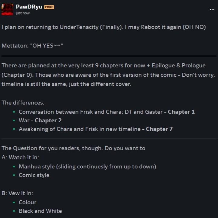 Vote in Comments here, or under the DeviantArt post
**Down into Rabbit Hole!**
Yes, that's how I'll be telling "See ya later" from now on. Get used to it.
Yes, that is reference to Meteo's catch phrase. No, there is not yet book with him as part.
Link to the post:
https://www.deviantart.com/pawdryu/status-update/I-plan-on-returning-to-1086442600