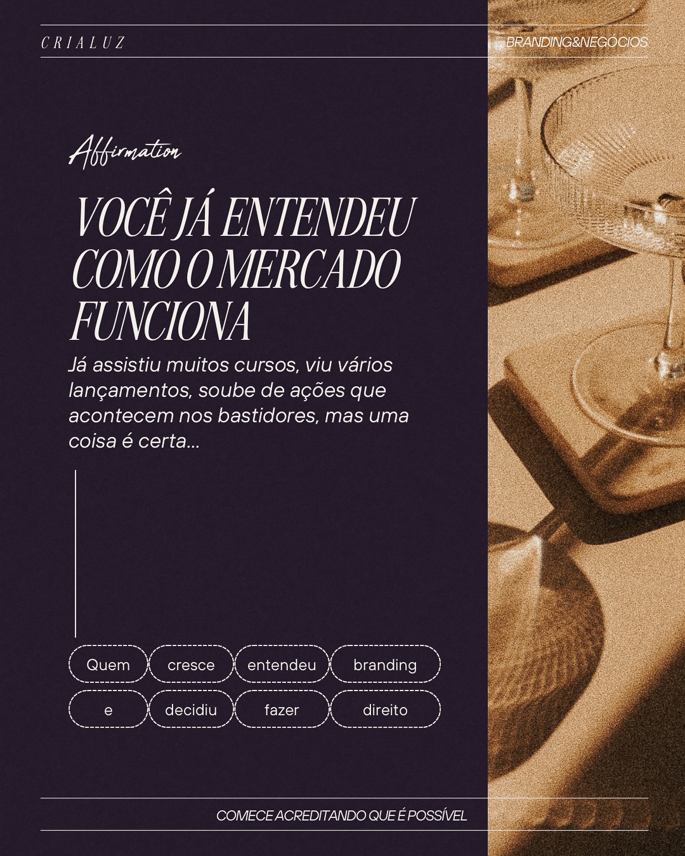 É provável que o seu negócio tenha nascido de um sonho, de uma vontade de mudar o mundo de alguma forma.
É provável ainda que você, como empresária, já tenha percorrido um caminho incrível e desafiador para fazer esse sonho acontecer e te fazer alcançar o lugar em que está hoje, dentro do seu mercado.
Mas precisamos te lembrar que o que te trouxe até aqui não é suficiente para te levar adiante, até os seus novos sonhos. O agora é só o ponto de partida da construção de uma marca sólida que poderá definir seu futuro. Chegou a hora de fazer direito. É preciso reunir estratégia, organização e clareza para crescer. 🙌🏾✨
Na Crialuz acreditamos que o branding é uma poderosa ferramenta para criar conexões profundas que fazem negócios prosperarem.
Estamos aqui para te ajudar a fazer essa transição de identidade! Integramos branding e negócios para que cada decisão esteja alinhada com suas metas empresariais.
Clique no link da bio e agende uma reunião com nosso time para conhecer nossas soluções ✨
#branding #estrategiasdemarca #rebranding #marcas