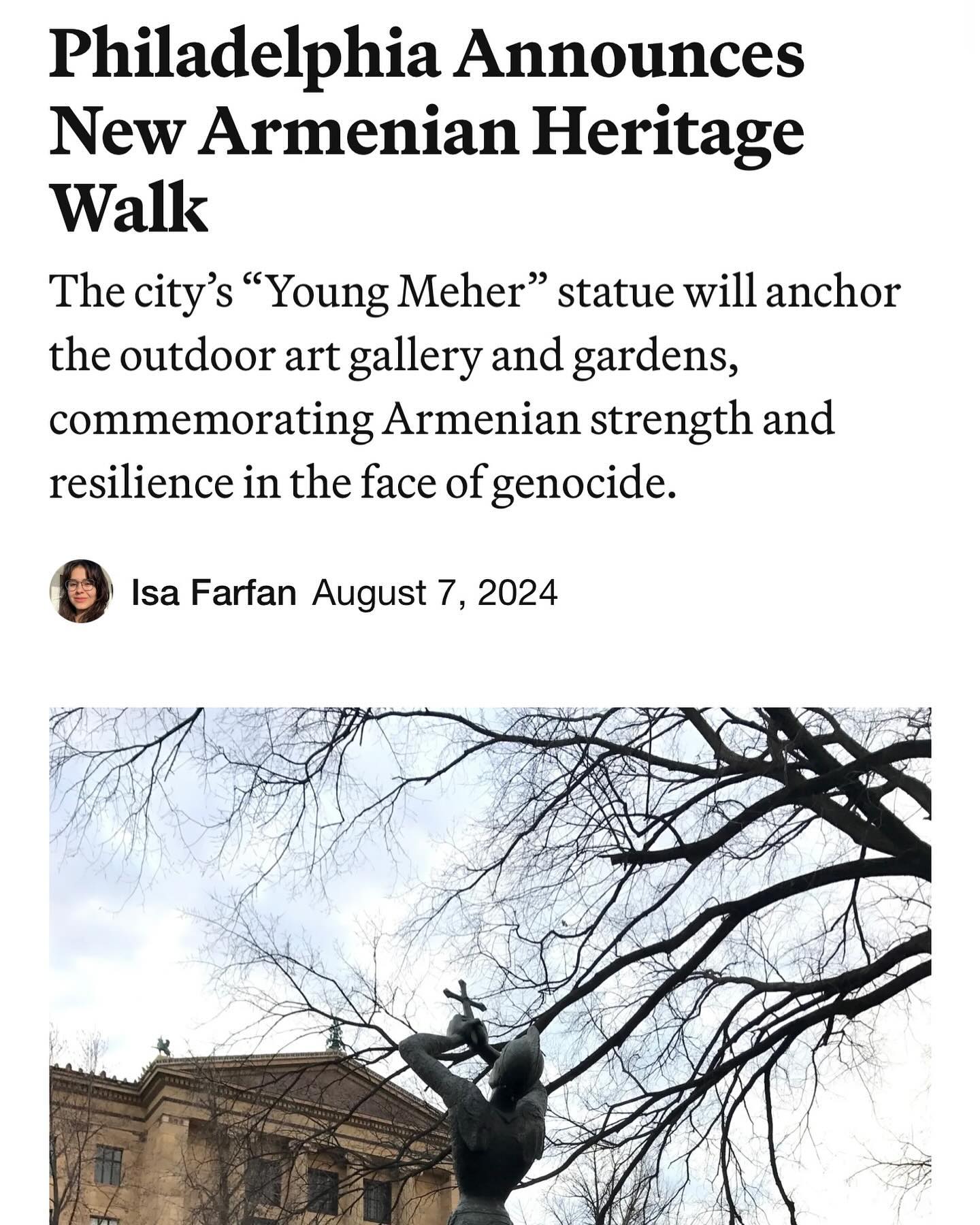 “In the first phase of construction for the outdoor space, the figure of Young Meher and its supporting relief panels depicting various Armenian Christian imagery will be restored and repaired. This phase will also create a winding walkway meant to slow foot traffic to encourage reflection, spaces for future public art, and landscaping paying homage to Armenian geography.”
We thank @hyperallergic for this article highlighting our project and all that we look to accomplish!
Article: https://hyperallergic.com/939826/philadelphia-museum-art-announces-new-armenian-heritage-walk/
More info: https://www.armenianheritagewalk.org