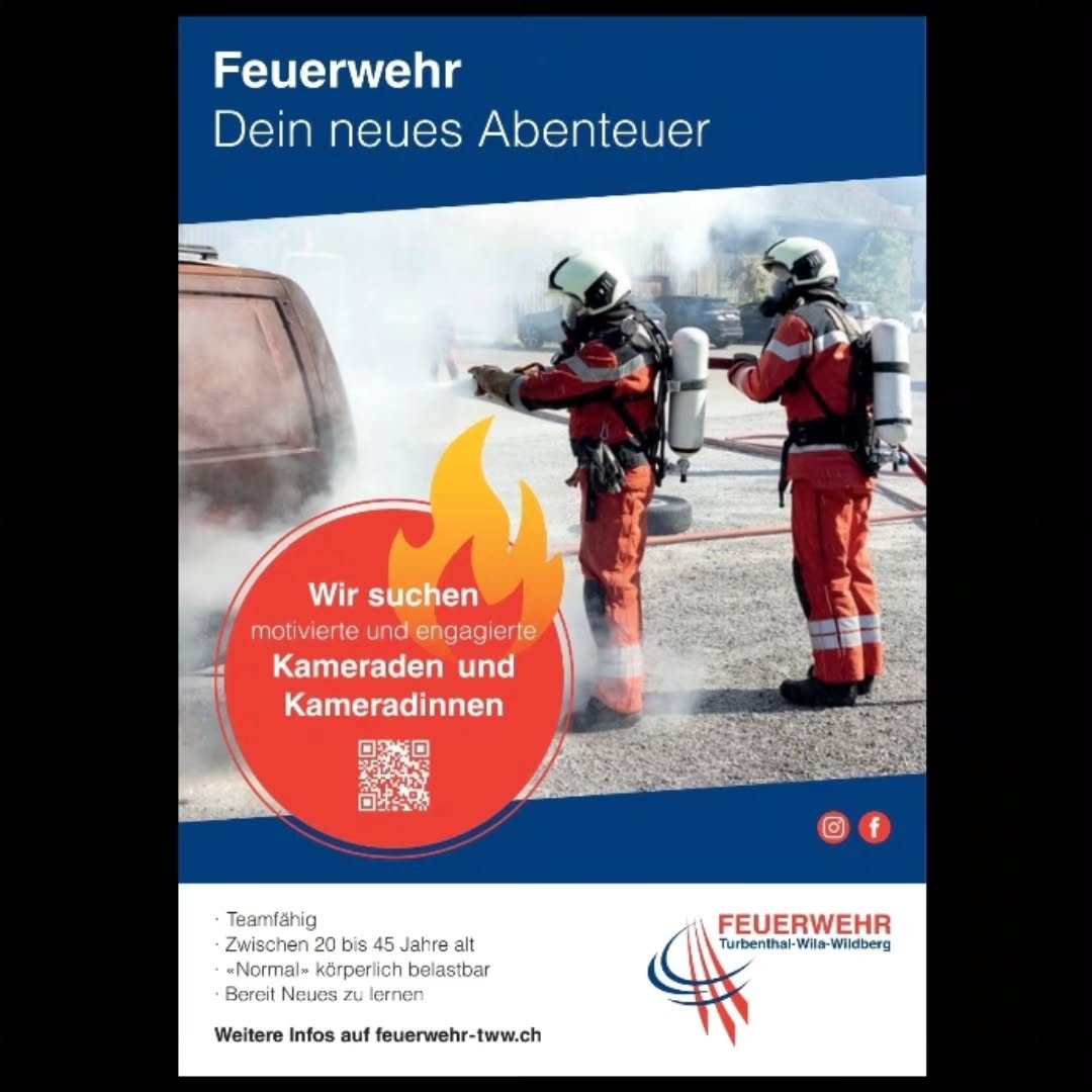 Informationsabend 16. September 2024
1930Uhr Depot Turbenthal
Besucht uns am Informationsabend in Turbenthal und informiert Euch über einen Beitritt in die Feuerwehr oder Jugendfeuerwehr.
Wieviel Freizeit muss ich investieren?
Was sind die Aufgaben der Feuerwehr?
Kann auch ich ein Feuerwehrauto fahren?
Wie werde ich ausgebildet?
Was ist eine Milizfeuerwehr?
Muss ich sportlich sein?
Komm vorbei, wir beantworten deine Fragen.
www.feuerwehr-tww.ch
.
.
.
.
.
.
.
#feuer #feuerwehr #firefighter #swissfirefighter #118 #blaulicht #turbenthal #wila #wildberg #tösstal #feuerwehrmann #feuerwehrfrau #jugendfeuerwehr #hobby #freizeit #milizsystem #unserefreizeitfürihresicherheit