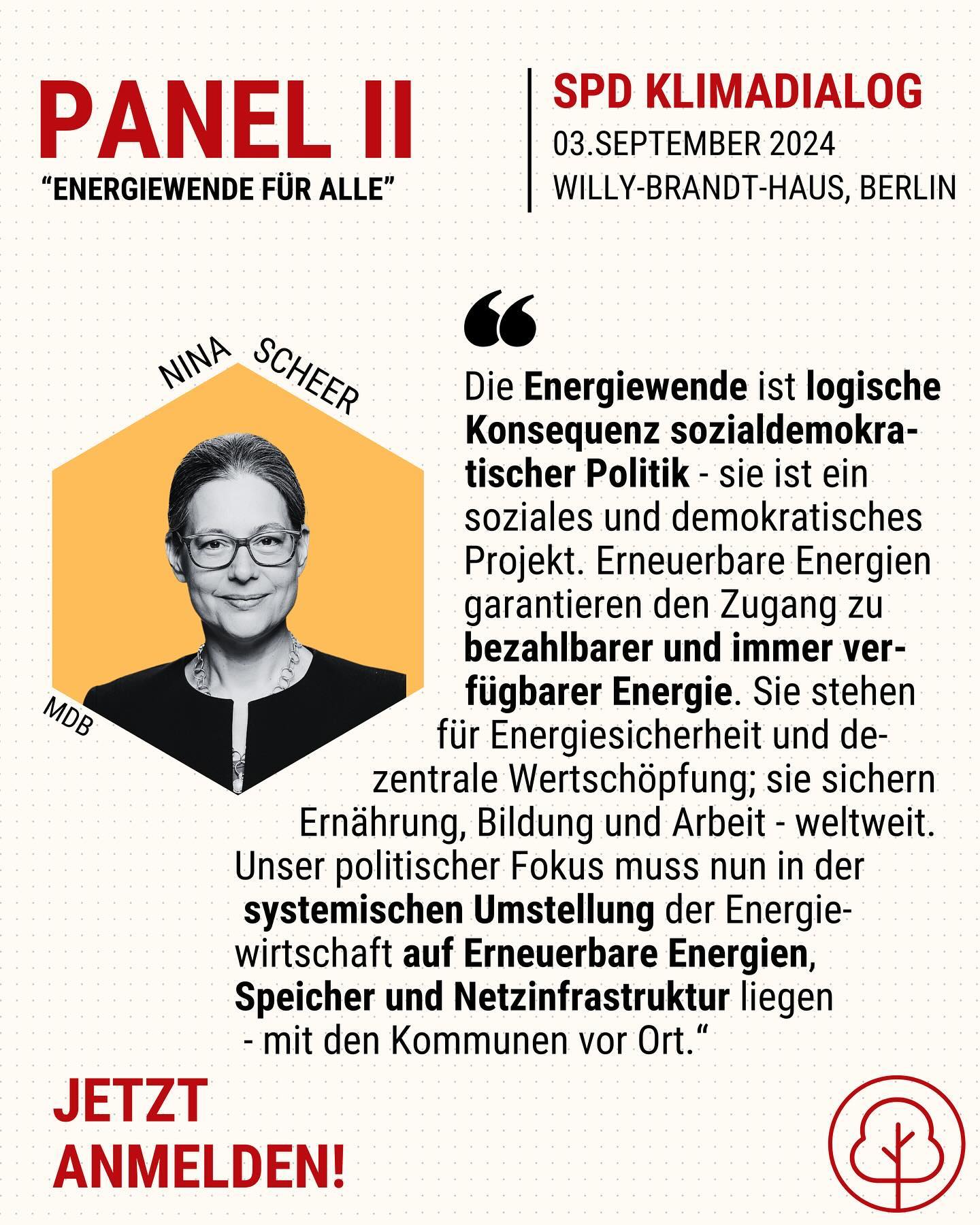 Seit 2013 im Deutschen Bundestag und seit vielen Jahrzehnten innerhalb und außerhalb der SPD setzt sich @ninascheer_spd mit viel Leidenschaft und Fachwissen für eine sozial-gerechte & demokratische Energiewende ein. Wir freuen uns deshalb sehr auf ihre Teilnahme an unserem Panel „Energiewende für alle“! ☀️💨
Melde dich noch heute zum SPD Klimadialog an! Den Link findest du in unserer Bio und auf unserer neuen Webseite: spdklimagerecht.de 💻