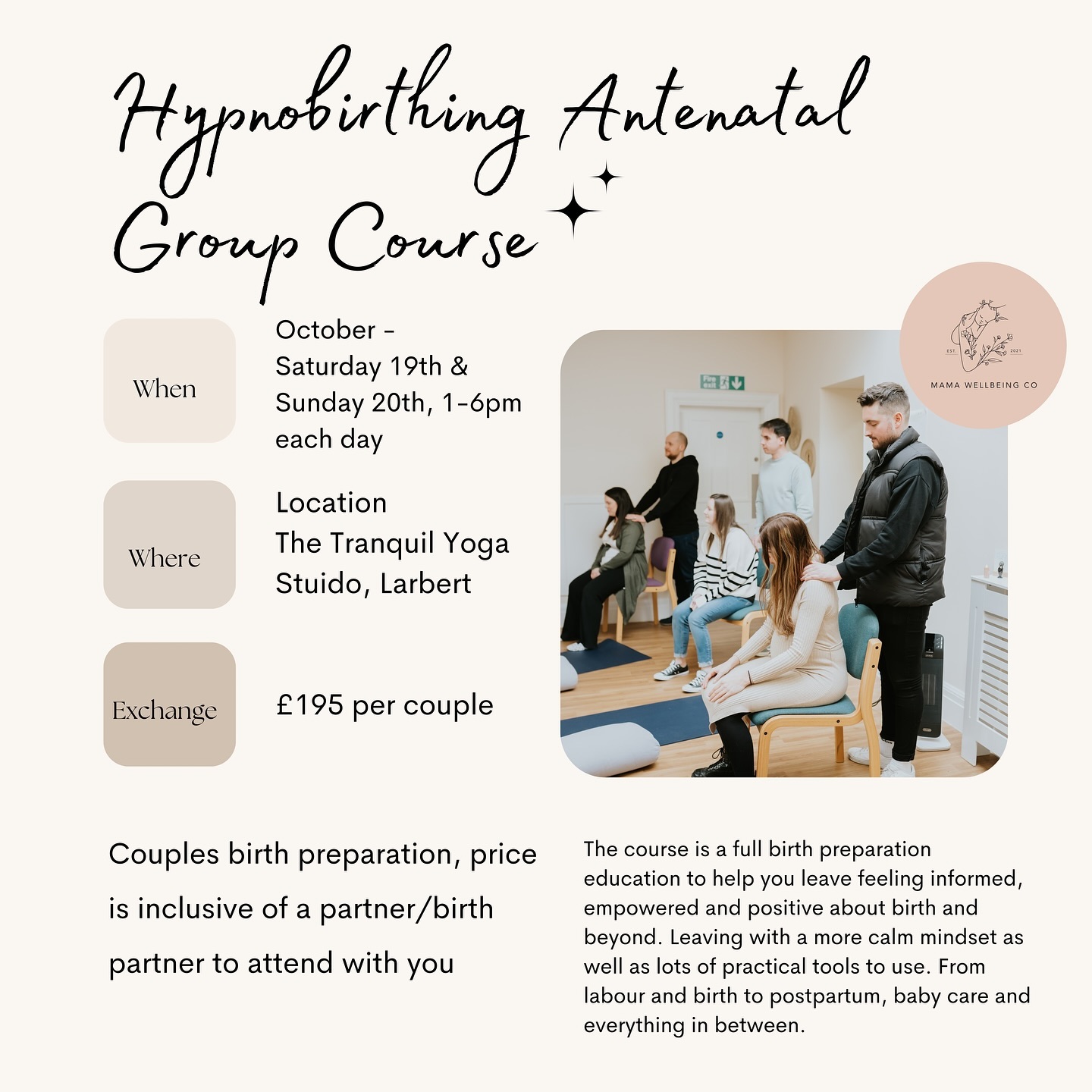 When it comes to thinking about birth and beyond it can feel overwhelming at times with the huge range of information out there
Often we can have busy pregnancies, navigating modern life, work and other commitments
So taking time together as a couple to feel more aware of options, and thinking through what feels right for your birth and baby can be so helpful
My course offers a safe, non judgmental space to chat through all about birth and beyond
Aw well as giving lots of practical tools to use, such as Hypnobirthing, massage and positions to ease discomfort
Building self trust and confidence can be hugely beneficial and my course aims to do just that - there is so much our bodies, babies and instincts know already
With lots of information for birth partners to help them feel more confident in advocating and supporting you too
Leave feeling more confident and excited - a weekend worth investing in
… I also provide great snacks & a goody bag which is very important 😉
If it sounds like this is for you, send me a message - only 3 spaces remain for the Oct group course, it would be great to welcome you there
Gilly x