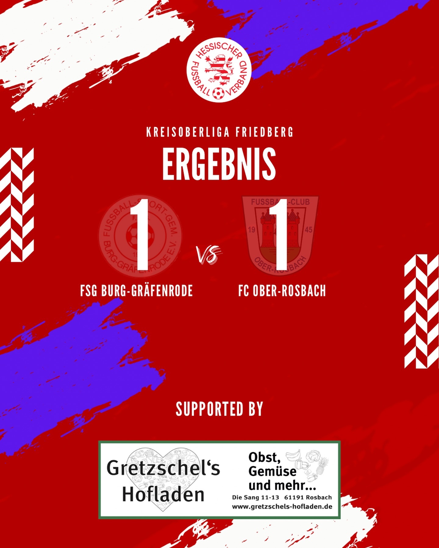 Punkteteilung bei der 1A, klarer Auswärtserfolg für die 1B
Leider konnte die erste Mannschaft die 1:0 Führung nicht über die Zeit retten und kassierte in der Nachspielzeit noch den Gegentreffer zum 1:1 Endstand.
Unsere zweite konnte mit einem klaren 4:1 den zweiten Sieg im dritten Spiel in der neuen Liga feiern.
#fco #oberrosbach #kreisoberligafriedberg #kreisligafriedberg