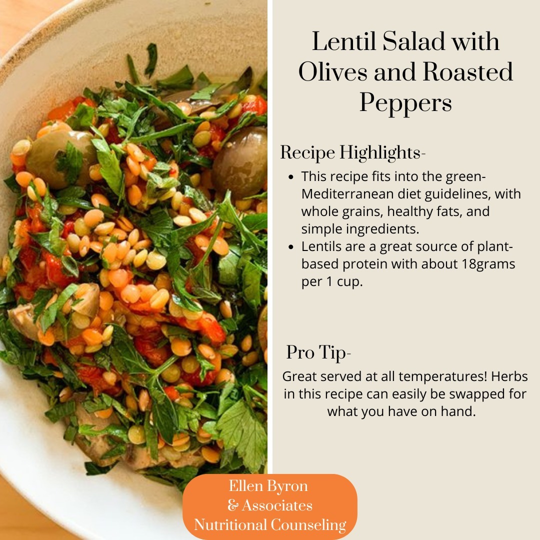 Recipe of the Week!
This recipe fits well into the Green-Mediterranean diet guidelines with the emphasis on simple ingredients the provide fresh flavor.
Lentils are a great option for plant based protein and are also rich in iron. These are two elements that are important when following a vegetarian diet.
-
#dietitiansofig #greenmediterraneandiet #plantbased #plantbaseddiet #plantbasedprotein #nutrition #nutritiouscooking