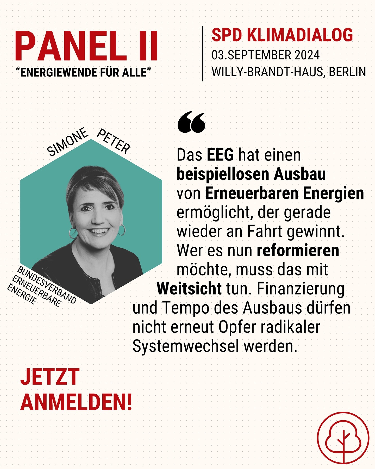 Wir freuen uns sehr, dass Simone Peter, Vorsitzende des Bundesverbandes Erneuerbare Energie, auf unserem Panel zur Energiewende sitzen wird! 🌱☀️
Anmelden könnt ihr euch über den Link in der Bio! 🙌