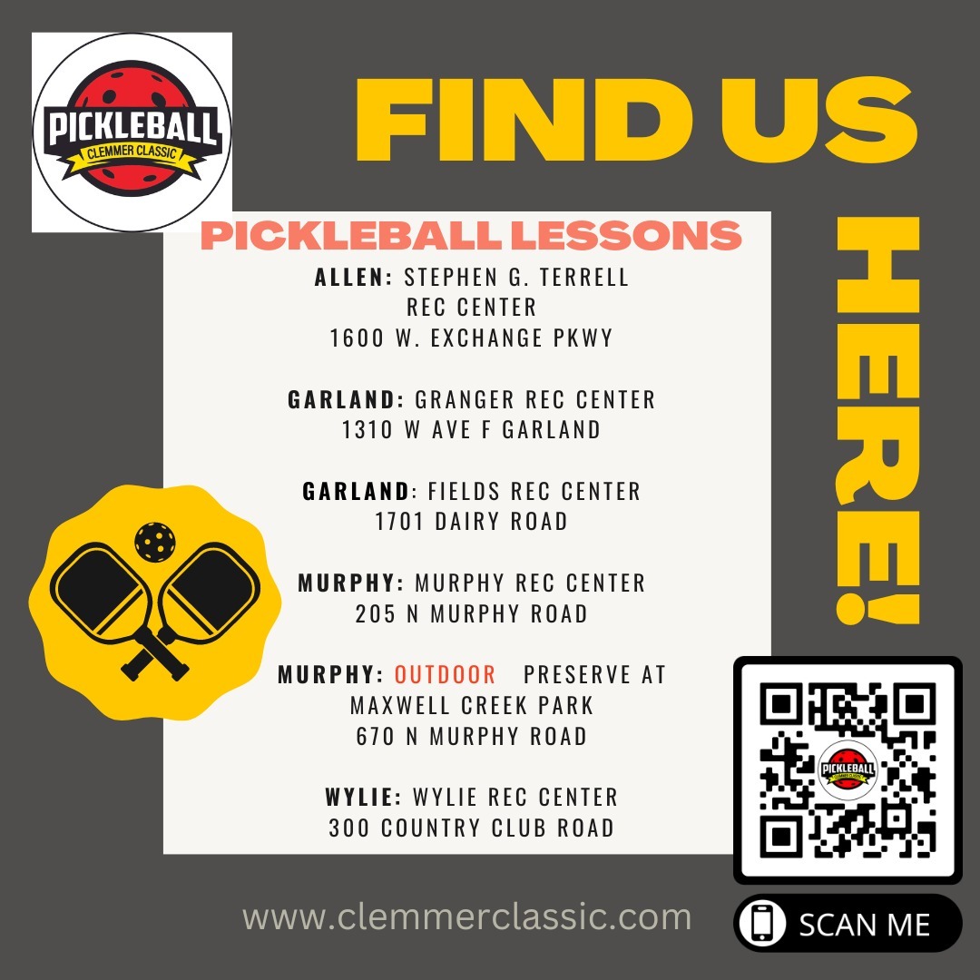 September Pickleball Classes - Sign Up Today!
Here's an overview by of Clemmer Classic Pickleball Lessons by Rec Center:
- Allen Terrell Rec Center - one class on Wednesdays afternoon
- Garland Fields Rec Center - classes are cancelled for September due to emergency Rec Center Maintenance. Our Tuesday and Saturday classes will return in October
- Garland Granger Rec Center - Monday 10:00 class is back + the Wednesday evening lessons
- Murphy NEW OUTDOOR LESSONS - Classes will be held at the Preserve at Maxwell Creek Park on Wednesday mornings + indoor lessons are available on Thursdays at the Murphy Rec Center
- Wylie Rec Center - Tuesday 1:00 class is back + the Thursday evening lessons
Scan the QR code to register today.
#dallaspickleball
#sacshsepickleball
#pickleballnorthtexas
#planopickleball
#pickleballlife
#pickleball
#pickleballrocks
#pickleballaddict