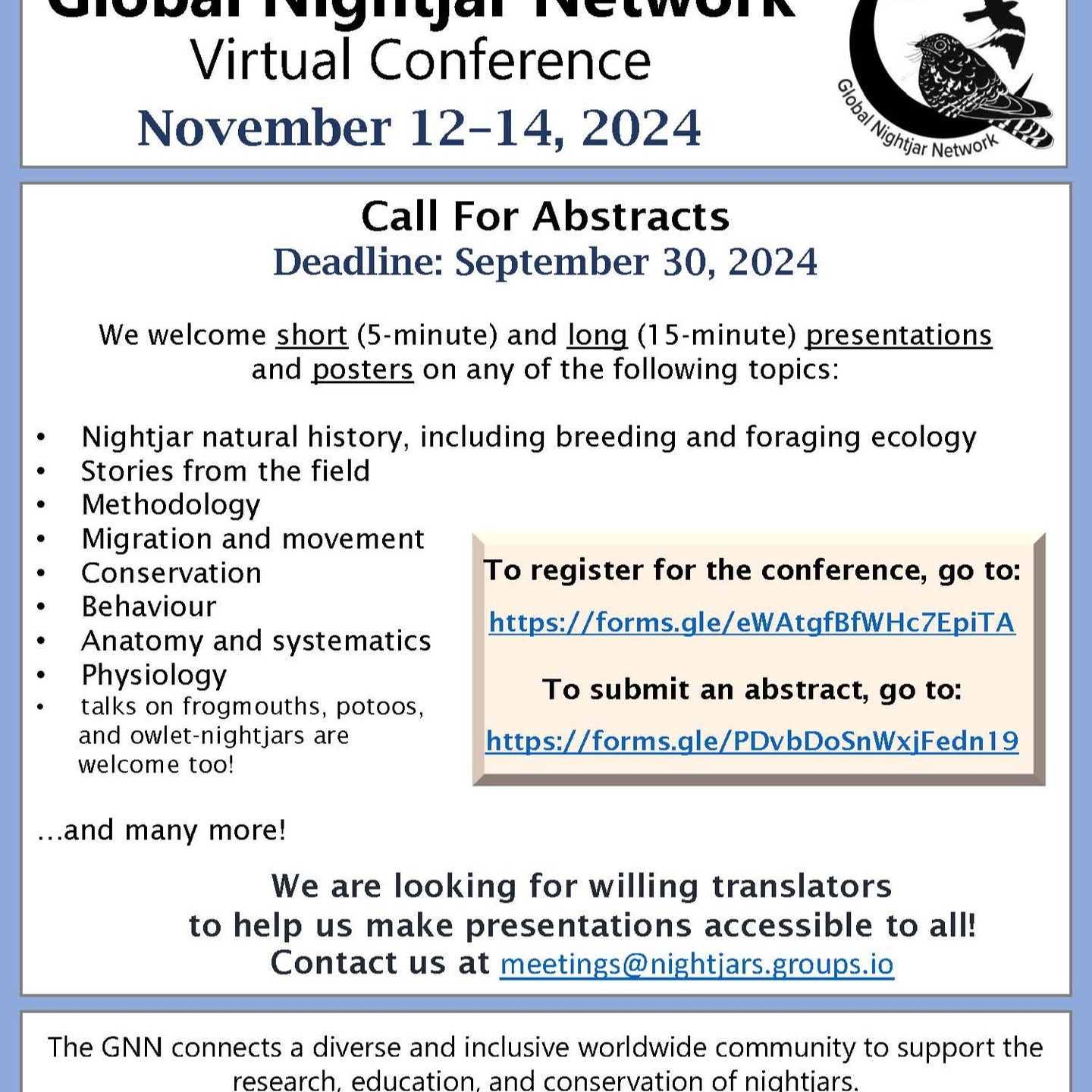 Join the GNN conference in November!
Find the links for registration and abstract submission in bio
#globalnightjarnetwork #nightjar #research #conference