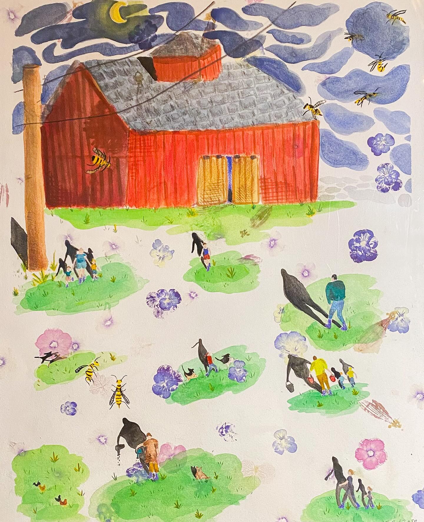 This painting is called “The Farm” and is hung at the Innovation Center building as part of @seabavt Art Hop this year. I don’t have many good images of it but here is a bit about it:
I made this painting using flowers from my mom’s garden (mostly echinacea, phlox, pansies, and black-eyed susans), gouache, and colored pencil. It’s an exploration of my relationship to my parent’s farm @waywardgoosefarm, to my family and childhood, to the meaning of home and work and love and the passage of time…an attempt to pin the spirit of a place and what it has meant to me onto paper. I wish I had had more time to work on this piece because it feels a bit unfinished to me and there is a lot more to say (or paint) about all that, but I think all of my work is basically about those themes.
My wonderful parents are currently in the process of selling the farm where they have cultivated such incredibly nourishing relationships with the land, animals, and their community over the years. The farm is where my childhood dog and my 7 childhood ducks are buried, where I first started to learn who I am and what I like, and where I really discovered my love for painting and writing. Working on this painting I felt a mix of grief that I don’t have the resources to keep the farm and that having access to nature and land and farming is becoming more and more difficult for many people (including me). AND also the certainty and joy that the farm will always be kept with me because it is at the core of me and my family, and the life I lived there has shaped who I am and how I see things, and this step will unlock beautiful new experiences for my parents. I’m grateful.