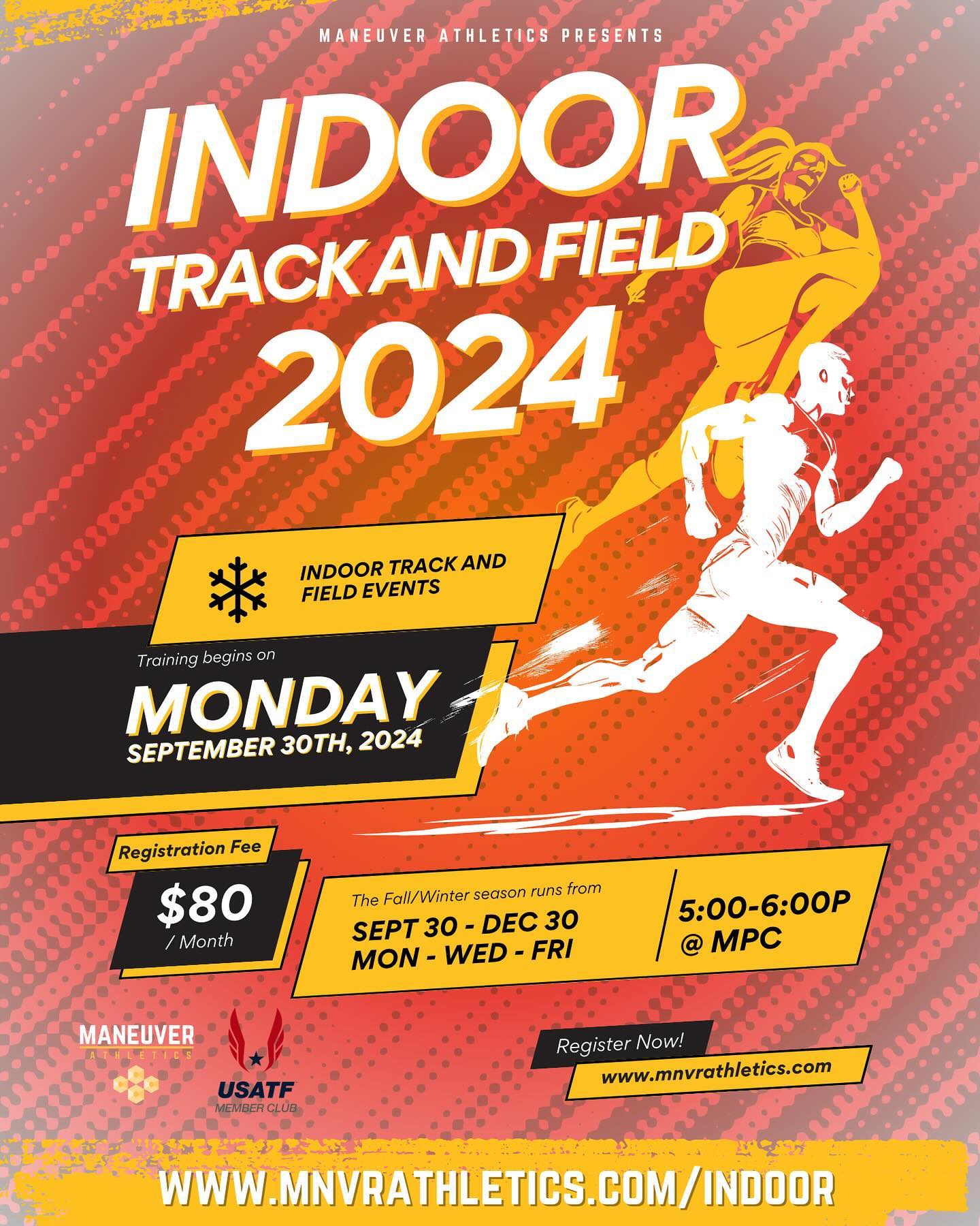 Maneuver Athletics is excited to introduce indoor track and field for the 2024 season. Training will be every Monday, Wednesday, and Friday from 5-6pm at MPC, some Fridays at Chartwell School in Seaside. The season runs from September 30-December 30. We will end the season with the inaugural Holiday Invitational Indoor T&F Meet at the brand new Reno-Sparks Convention Center in Reno, NV! Our focus is to introduce the indoor events, which are slightly different than outdoor track and field, while also building a base of balance, stability, strength, and conditioning before transitioning into the spring outdoor T&F season in February. Visit our website or DM us for more details! See you on the track September 30th!