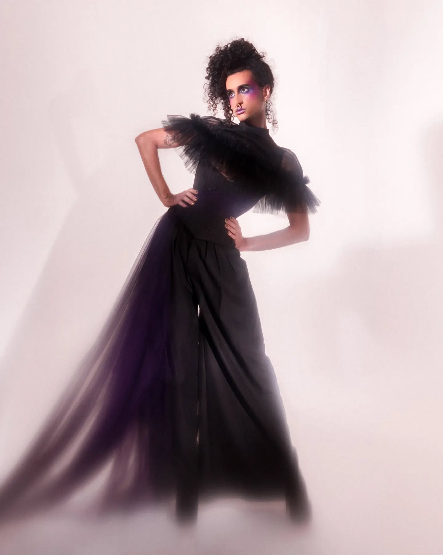 Look 13
Black net top
Black net and Italian soft tulle capelet
Black underbust corset with draped purple soft net and train
Pleated palazzo trousers.
Photography - @mattia_attorre
Model - @cokendrah Just
Makeup - @ellis_atlantis
Studio - @vsionarystudios
The biggest thank you to @freakcouturemcr
for all the help and support in creating and finishing the looks in time!
#corsetry #bespoke #sparkle #madeinengland #mistycouture #corset #beauty