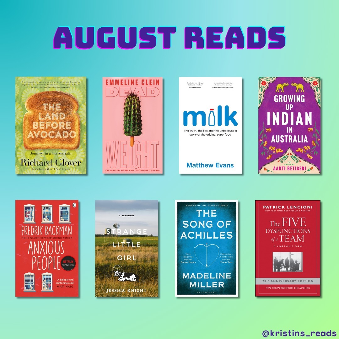 š August reads
š„ 'The Land Before Avocado' by Richard GloverāA humorous look at the nostalgia many older Australians have for the 'good old days', challenging the notion that everything used to be better, while acknowledging how far we still have to go. @richardgloveroz
šµ 'Dead Weight' by Emmeline CleināA collection of personal and political essays on eating disorders. @emmelc
š„ 'Milk' by Matthew EvansāA fascinating look at milk, its history, what it's made up of, how it is made, and the controversies it has found itself in. @fat_pig_farm
š®š³ 'Growing Up Indian in Australia' edited by Aarti BetigeriāAnother excellent addition to the @blackincbooks Growing Up series. Full of reflections of growing up as part of the Indian/Australian diaspora. @aartibetigeri
š° 'Anxious People' by Fredrik BackmanāA truly humane look at the quiet struggles and tragedies carried around by each of us, wrapped up in a locked room whodunnit. @backmansk
š§ 'Strange Little Girl' by Jessica KnightāA memoir of a girl born into a loving Mormon home who grew up to have a life totally different to what was expected for her.
š¹ 'The Song of Achilles' by Madeline MillerāA retelling of the Trojan War as told from the perspective of Patroclus, and with a focus on the romantic relationship between him and Achilles. @madeline.e.miller
š“ļø'The Five Dysfunctions of a Team' by Patrick LencioniāI read this because I've heard it referenced so much over the years and wanted to know what all the fuss was about. Nothing groundbreaking, but that could be because I've heard the key messages from other people who've read the book.