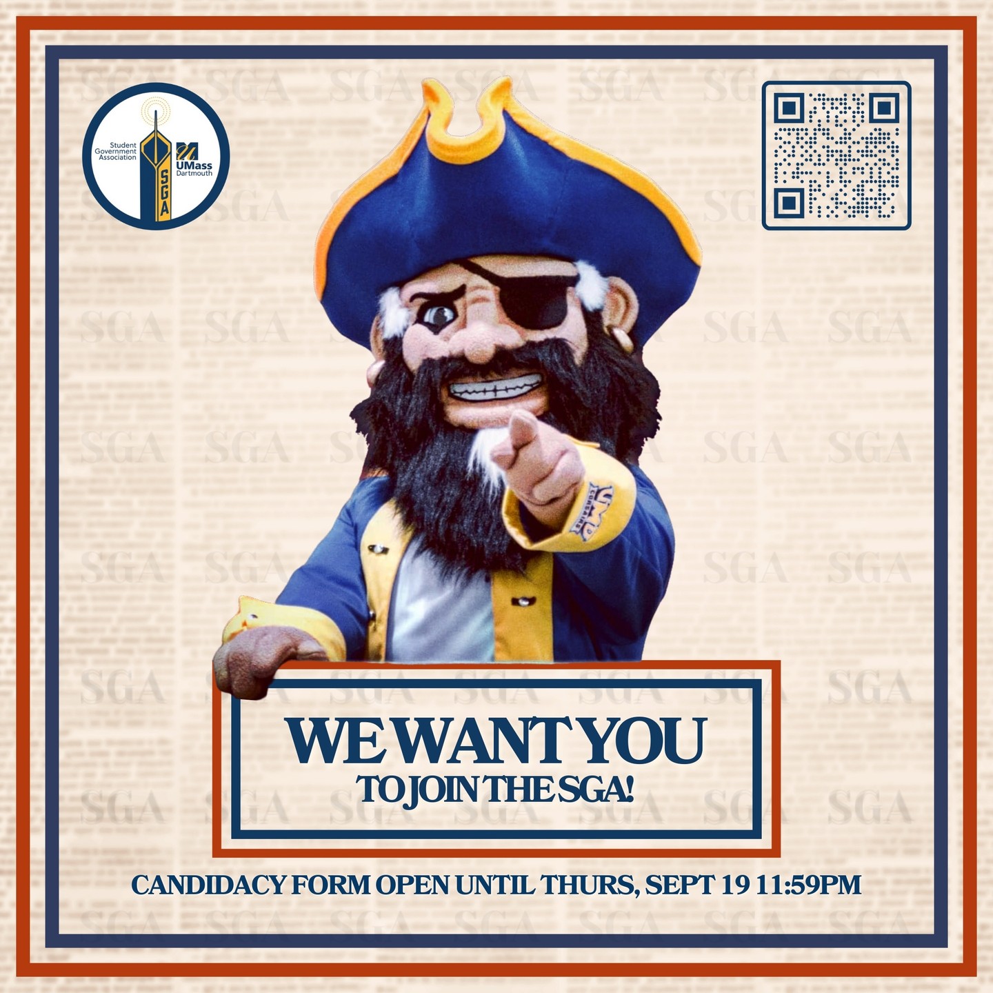 Looking for a way to advocate for others, get involved as a leader, and make a noticeable difference on campus? Join the SGA this Fall! 🫡👏
There are many vacant Senate seats and Class Council positions that we are electing over the next few weeks. The first step to filling in one of those vacancies is to submit the Candidacy Form, which is now open until Thursday, September 19th at 11:59PM. Scan or screenshot and click the QR code above to access the form! ✅😉🗳️👀
Please email all questions to SGApres@umassd.edu. Good luck as we begin our Fall 2024 elections process, Corsairs! 🍀☺️