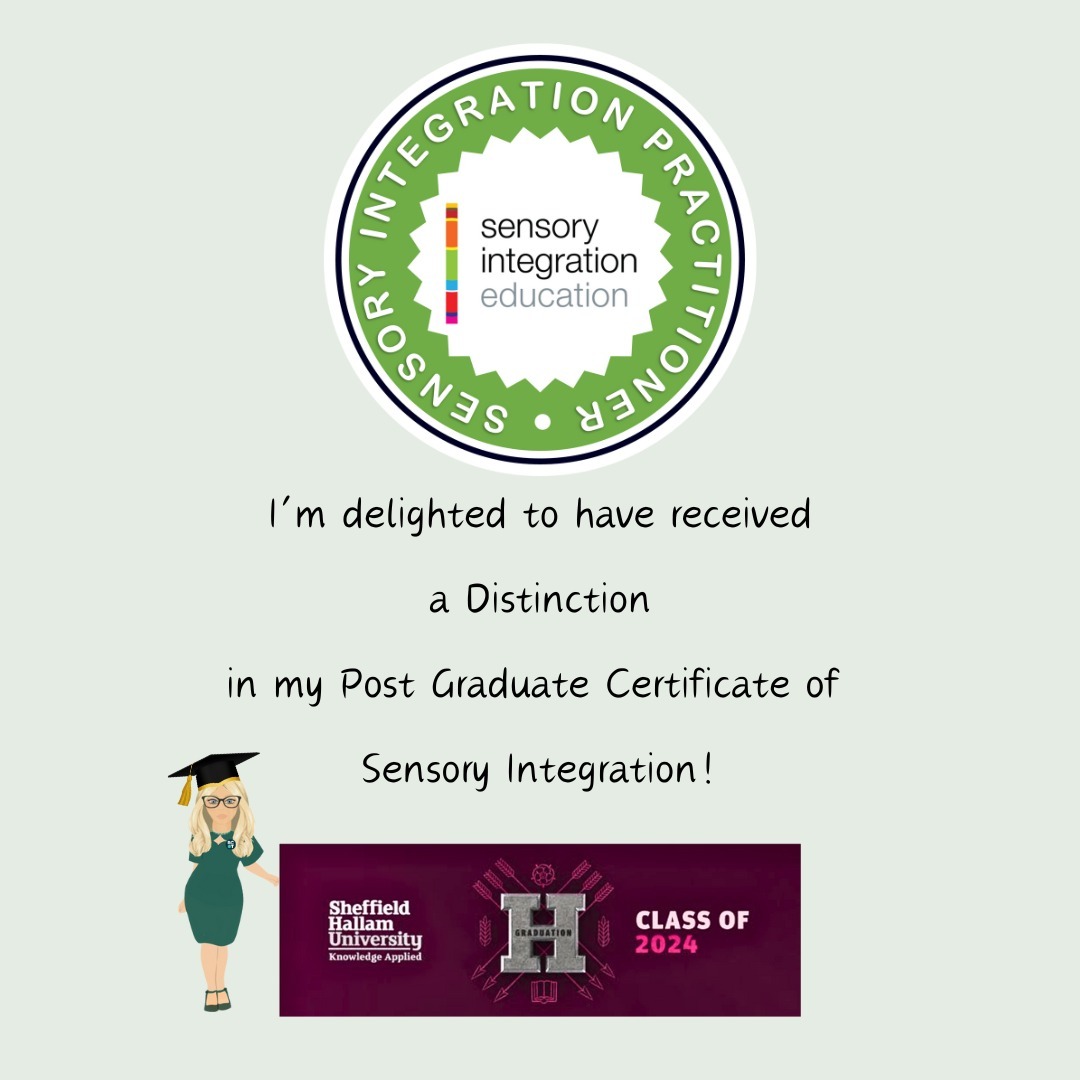 While I am always learning, and currently part way through an ACT for Neurodivergent adults course, I am pleased that my Master's level study is finished!
I knew before I became an OT that I wanted to study sensory processing and how it impacted Autistic individuals. I was personally motivated by the lack of provision available for my young daughter and credit her, in part, for the amazing career I have today.
If you are interested in learning more, there are many excellent providers of sensory information, short courses and webinars, however, I always recommend the SI Network to parents, clients and colleagues alike.
#SensoryIntegrationEducation #OccupationalTherapy #Neurodiversity #Volition
#LivedExperience #ForMyGirl #Distinction #PGCERT #CPD #AlwaysLearning #OT #PrivatePractice #SheffieldHallamUniversity