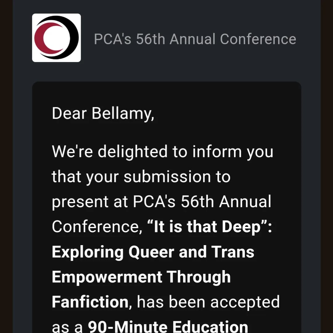 I'm so thrilled to get a featured slot for our presentation! We have been working so hard on this, and it's amazing that we have a full 90 minutes to let the material breathe.
I am feeling a TAD overcommitted professionally ð
but this presentation has been so cool to explore. This feels like my debut into the professional world âĻððŧ it will be Very Gay