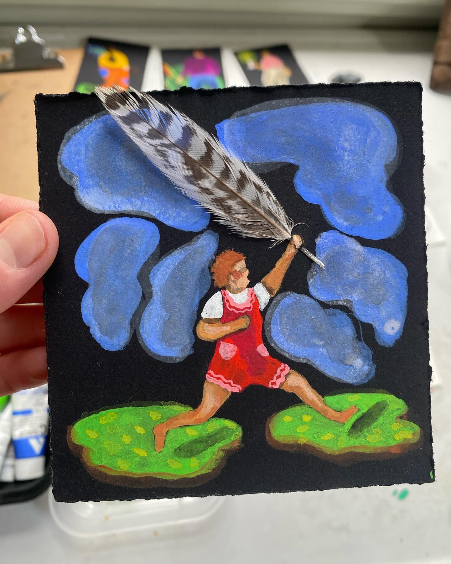 Recent makings, small paintings made with acrylic gouache on black paper 🪶 (and a real feather in the first one).
Really enjoying making these little people, brave night explorers! Where are they headed? What are their stories?
I’ve never been very comfortable putting figures in my art but feel more and more drawn to it. I’m reading a book about abstract expressionism right now and have been struck by how much I am the complete opposite of an abstract expressionist. I love narrative!! What can I say??
Some of these original pieces are available for purchase, including Feather Kid. Reach out if you are interested!