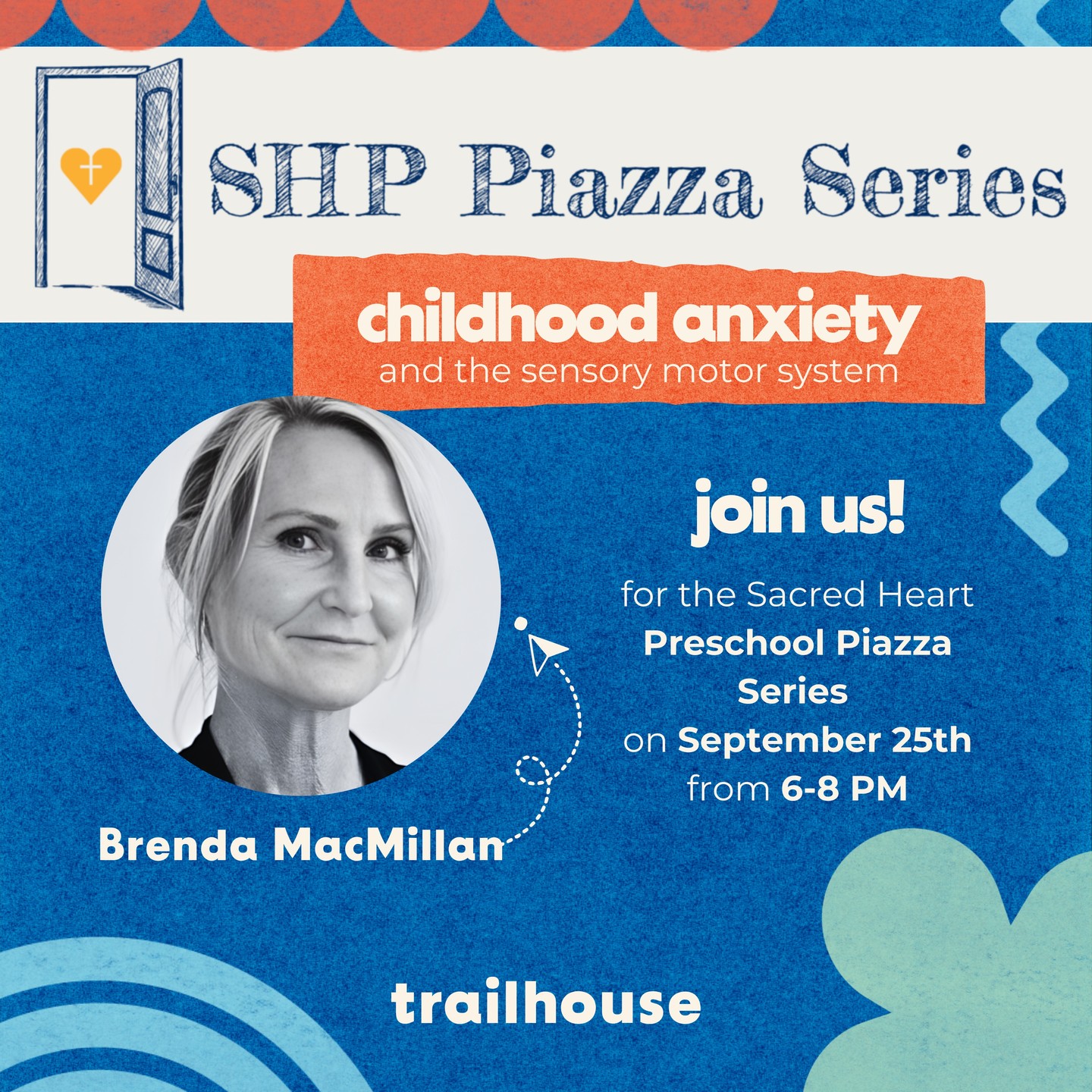 We’re honored to be part of the Sacred Heart Preschool Piazza Series as a panelist! Brenda Macmillan will join Erica Quarels and Christie Webber of Bloom Counseling and Wellness for the first session, Childhood Anxiety and the Sensory-Motor System, on September 25th from 6-8 PM. We're excited to dive into the conversation. 🌱 Find the link to register in our bio or search Sacred Heart Preschool Piazza on your web browser!