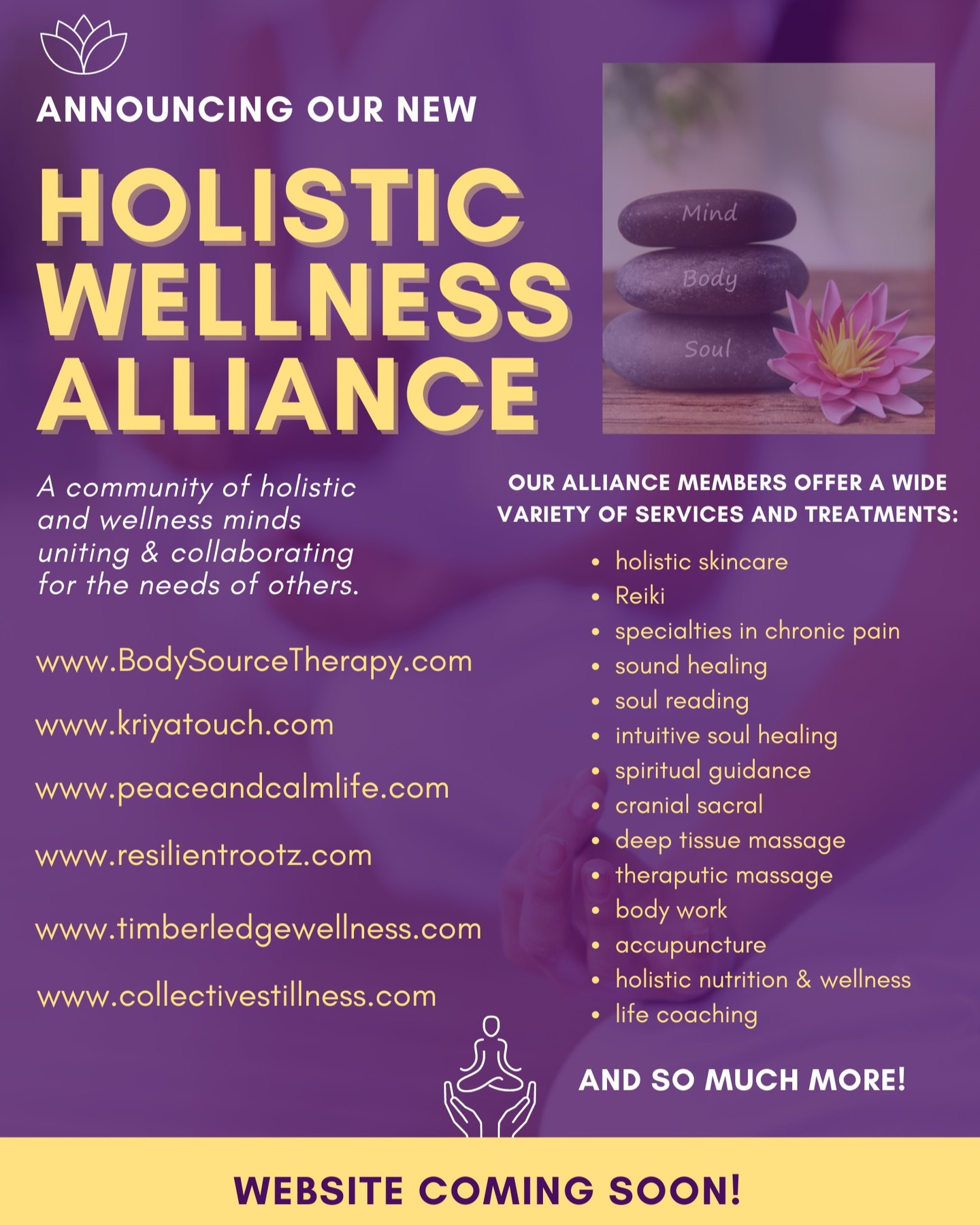 Holistic Wellness Alliance, LLC.
When like-minded people come together for the same cause or purpose, it is called an alliance. I am so grateful to become part of this new alliance that is full of experienced, educated, compassionate, intuitive, and loving self-employed women. With a combined 50+ years of experience in holistic and healing practices, we all have one purpose: to serve the needs of others in pursuit of health, healing, wellness, and peace.
We will share our collective knowledge and services with friends, family, and social communities. I look forward to sharing these opportunities and holistic services with all of you soon through our new blog, website, webinars, workshops, and more!!
Maya Angelou once said, “Nothing will work unless you do.”
We must educate, support, and teach each other how to reach our dreams, goals, and healing together. I have always believed we are all better together. It is not working for the self alone; too much of that is going on, but allowing all to find their resilience and wellness bio-individually through a whole-person-centered approach. Be well ✨
#achsedu #holistichealth #healing
#liveyourtruestself #inspiration #resilience
#wellness #selfcare #straffordnh
#wellnessgoals #optimumhealth #findyourway #northwoodnh
#officialnanp #integrativewellness #healthpractitioner #barringtonnh
#selflove #womensupportingwomen#betsybmerrill #timberledge_wellness #kriya_touch #peace.calm.life #Laurentheoracle