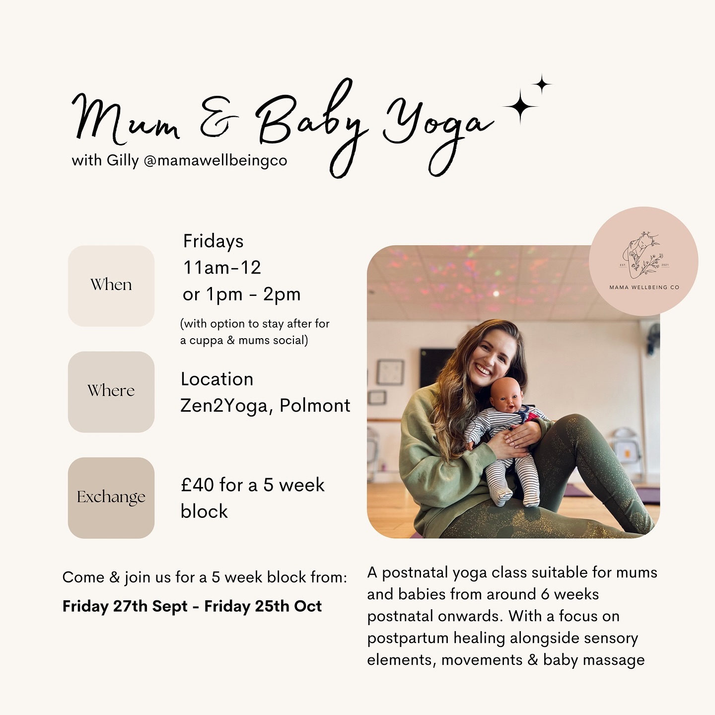 We are back for more mum and baby yoga from next week, 27th Sept - 25th Oct 👶🧘♀️
✨Limited spaces available✨
Only 2 spaces left for morning session (11am-12)
And 2 spaces left for afternoon session (1-2pm)
Classes are great for:
✨ Postnatal recovery
✨ Mums social time
✨ Gentle movements to aid healing
✨ Bonding with baby
It was important to me to create class not just beneficial for babies, but for mums too
If you’d like to join us, send a message to chat more
It would be lovely to welcome you there!
Gilly x