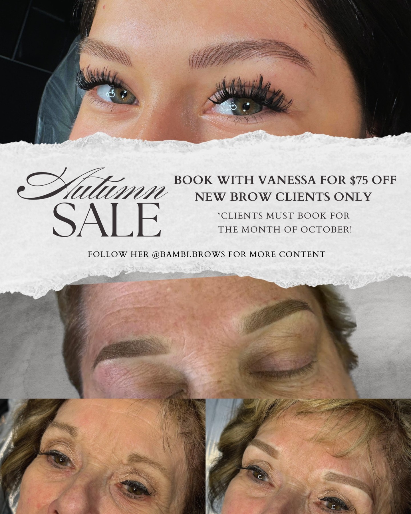 AUTUMN SALE with Vanessa!! $75 off new brow clients. Sarting in OCTOBER! Share the news with friends and family ! 👻🍂
Direct message us or @bambi.brows for more information!
Or Call the Studio @ 973-646-8346
#browsonfleek #sale #fall #makeup #loveYourLook #beautysalon