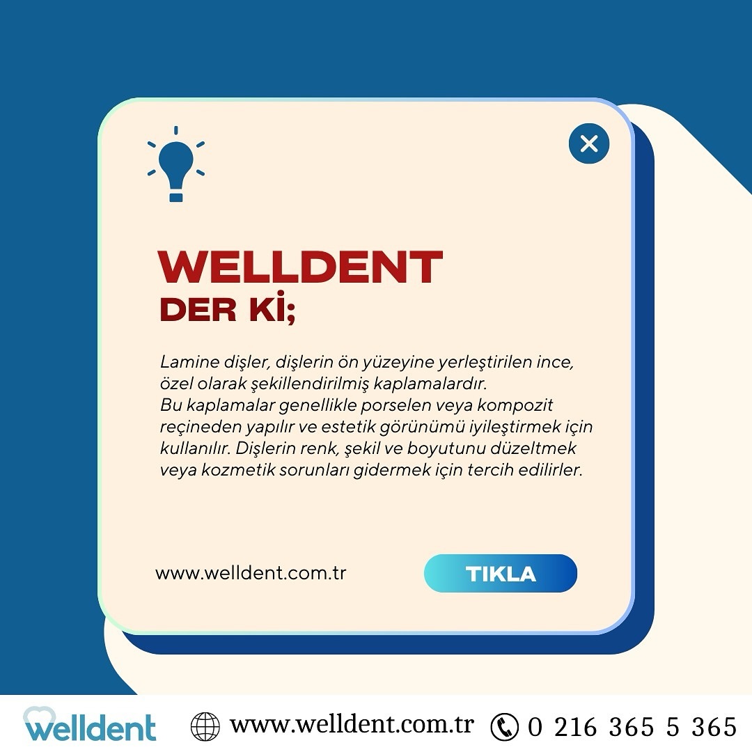 📌 Welldent Der Ki;
Lamine dişler, dişlerin ön yüzeyine yerleştirilen ince, özel olarak şekillendirilmiş kaplamalardır. Bu kaplamalar genellikle porselen veya kompozit reçineden yapılır ve estetik görünümü iyileştirmek için kullanılır. Dişlerin renk, şekil ve boyutunu düzeltmek veya kozmetik sorunları gidermek için tercih edilirler. 🦷
📱 0 216 365 5 365
🖱️ www.welldent.com.tr
#Welldent #SağlıklıGülüşler #BirÖmürTebessüm #WelldentDişKliniği #TatlısuMahallesi #Ümraniye #Şerifali #İstanbul #DişSağlığı #DişHassasiyeti #DişTemizliği #WelldentDerKi #BilinBakalım #Cevaplıyoruz