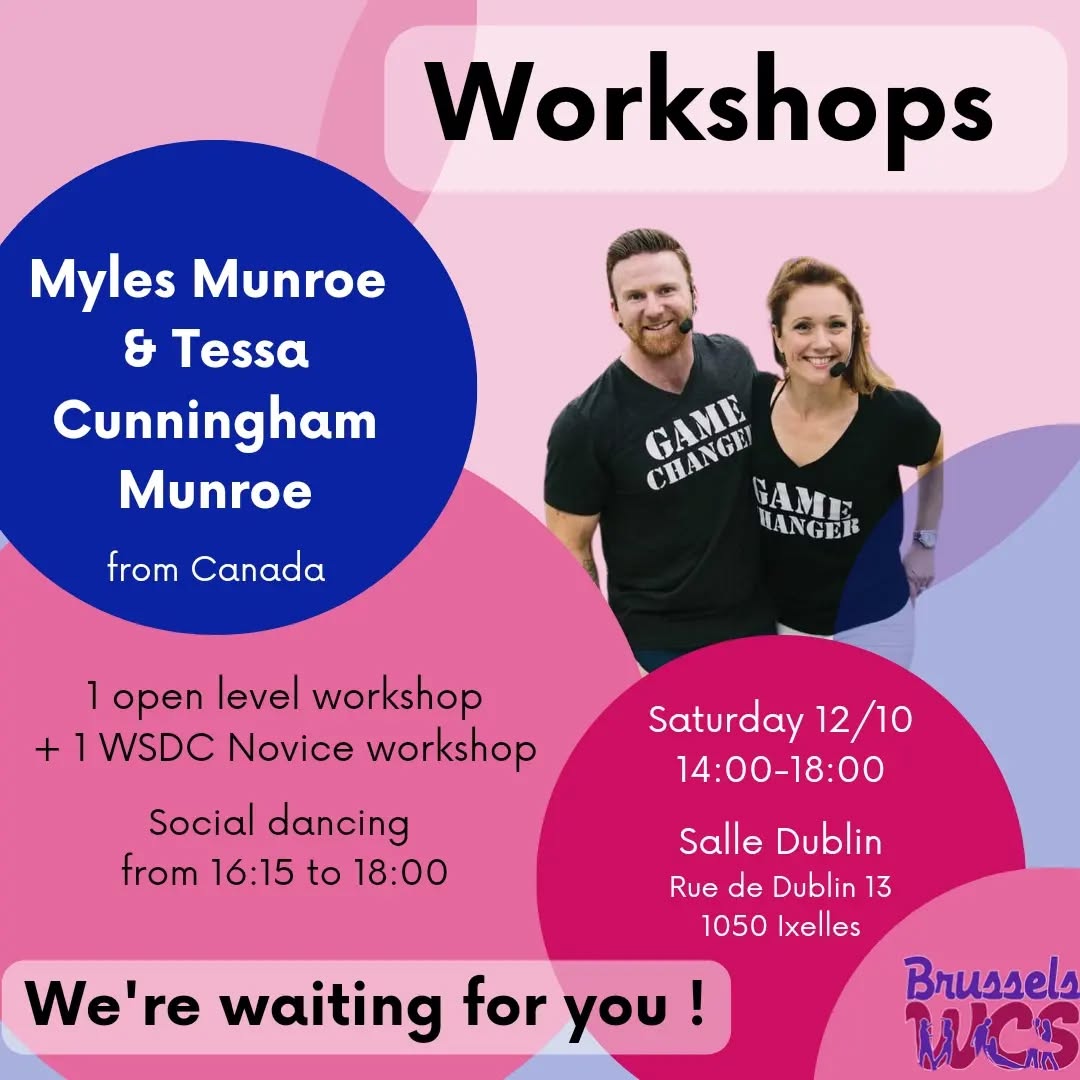 A GAME CHANGER in your dancing career!
Canadian Champions MYLES & TESSA are coming to BWCS for a unique series of workshops and a social. Don't miss this opportunity to learn from these pioneers of swing literacy, who have developed a unique teaching method based on skills rather than patterns - and who are rarely in Europe.
This is 100% West Coast Swing event organised by BRUSSELS WEST COAST SWING (BWCS)
Venue: Salle Dublin, 13 rue Dublin, 1050 Ixelles
THE PROGRAM
► 2:00 pm - 3:00 pm: "THE MISSING CONNECTION LINK". Open level workshop to hone your connexion skills. Not suited for absolute beginners.
► 3:15 pm - 4:15 pm: "COMPETITION COACHING - Critical skills to survive better in competition". This workshop will build on the first one but is aimed at more advanced students who already have points in the Novice Division of the official WSDC Registry.
► 4:15 pm - 6 pm: social dancing
PRICE FOR BWCS MEMBERS
One workshop: 20€
Two workshops: 35€
Social: free
PRICE FOR NON-MEMBERS
OPTION 1
One workshop: 25€
Two workshops: 45€
Social only: 5€
OPTION 2
Become a member for 25€ and immediately obtain the member discount for this and all workshops of the season, plus access all socials for free and enjoy a special "sport" insurance coverage.
More info on the registration form (link in bio).
Myles & Tessa are also available for private tutoring on October 11th and 12th.