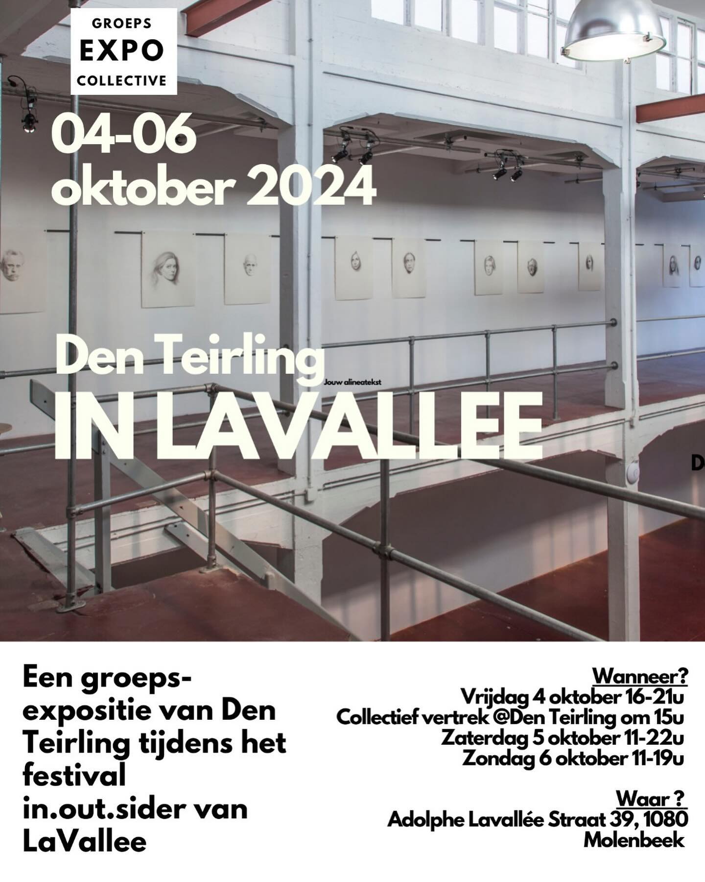 Droomvlucht ❤️
📅 04/10 - 06/10
📍 LaVallée - Adolphe Lavalléestraat 39, 1080 Brussel
Tijdens het In.out.sider Festival opent Den Teirling de deuren naar een waanzinnige, immersieve ervaring. Onze groepsexpo ‘Droomvlucht’ neemt je mee op een creatieve trip, waar het thema in.out.sider op verrassende en speelse manieren tot leven komt!
Verwacht een mix van visuele explosies, surrealistische geluidsgolven, en een vleugje magie die je meeneemt naar een wereld vol creativiteit, gemaakt door onze fantastische kunstenaars.
Ben jij klaar om de grenzen tussen binnen en buiten te doorbreken?
Pendant le Festival In.out.sider, Den Teirling ouvre les portes d’une expérience immersive incroyable. Notre expo collective ‘Droomvlucht’ vous emmène dans un voyage créatif où le thème in.out.sider prend vie de manière ludique et surprenante !
Attendez-vous à un mélange d’explosions visuelles, d’ondes sonores surréalistes et à une touche de magie qui vous transporte dans un monde rempli de créativité, conçu par nos incroyables artistes.
Prêt à briser les frontières entre l’intérieur et l’extérieur ?
#Droomvlucht #inoutsider #DenTeirling #Elsene #Molenbeek