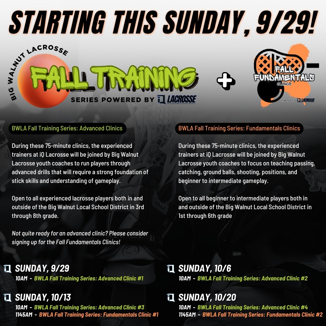Starting this Sunday‼️ Join us and BWLA for fall fundamentals & advanced training clinics!
Registration open to boys & girls! Learn more and sign up today at bigwalnutlacrosse.com
#lacrosse #boyslacrosse #girlslacrosse #lacrossetraining