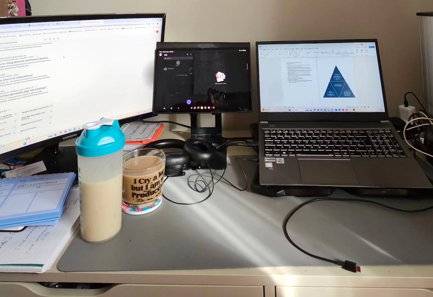 Been quite a few weeks since I've done a "what my desk looks like today."
So today is week 3 of this series: I'm getting ready for my annual review and preparing myself for October, as I'm away from Saturday to Wednesday for another conference.