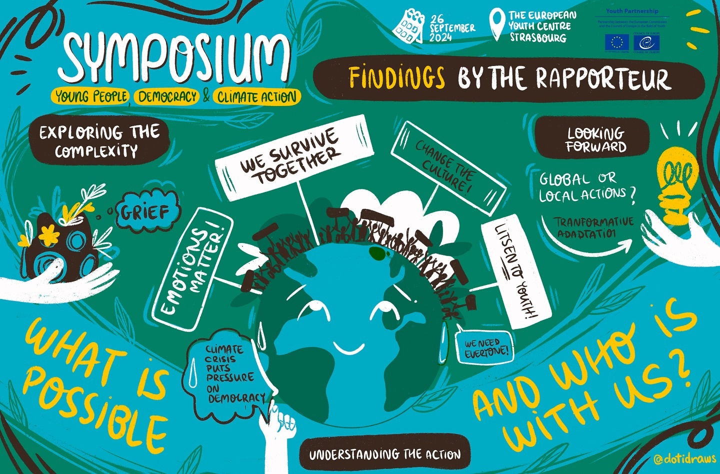 Drawing 4
✍️The findings and summary of the Reporter
⏳15 minutes of drawing live. (yes, suuuuper intense)
———
✏️💡I recently live-illustrated the Symposium on “Young People, Democracy, and Climate Action.” I’ll be sharing one live recording per day to show how cool and informative the event was. A big thanks to @eucoeyouth for trusting me!
#graphicrecording #liveillustration #conference #youth #climateaction #democracy