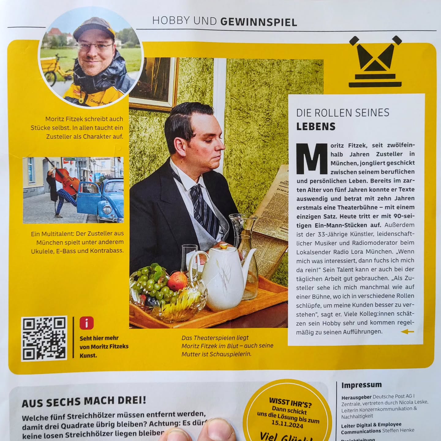 Im Posteigenen Magazin ist in der aktuellen Ausgabe ein kurzer Artikel über mich erschienen, vielen danke liebe @deutschepost_dhl dafür! 💛❤️✉️📯🎭