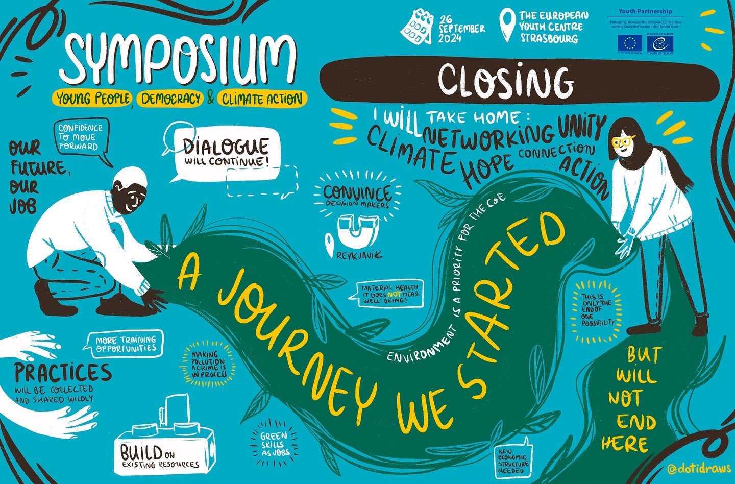 Drawing 5
✍️Closing speeches 💭
⏳30 minutes of drawing live.
———
✏️💡I recently live-illustrated the Symposium on “Young People, Democracy, and Climate Action.” I’ll be sharing one live recording per day to show how cool and informative the event was. A big thanks to @eucoeyouth for trusting me!
#graphicrecording #liveillustration #conference #youth #climateaction #democracy