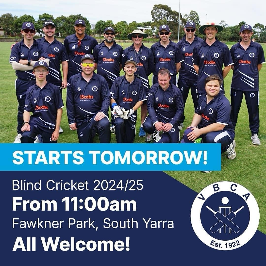 Cricket is back!! All welcome to attend. Fawkner Park starting at 11am tomorrow 🏏
.
To register for the season go to this link - https://www.vbca.org.au/our-programs
.
Any further information go to our website - https://www.vbca.org.au
.
📅 Saturday 5 October, 11AM
📍 Fawkner Park, South Yarra
📲 Register now through the link in our bio!
🛜 www.vbca.org.au
.
Image Description: Navy background with image of group of Blind and low vision cricketers posing for a team photo. The text says STARTS TOMORROW in blue banner and underneath on navy background it says Blind Cricket 2024/25. October 5th, from 11am. Fawkner Park, South Yarra. All Welcome. VBCA logo is in the bottom right hand cormer of the advert.
.
.
.
.
@cityofmelbourne @cricketvictoria
#blindcricket #disabilitysport #inclusion #inclusivesport #sport4all