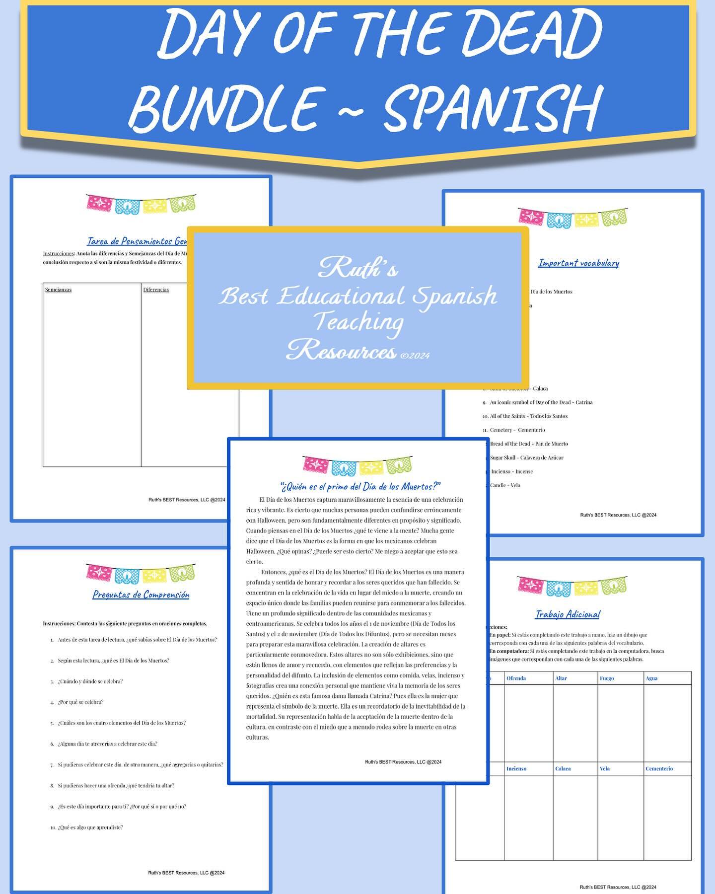 Day of the Dead or Dia de los Muertos Bundles Available. This Bundle includes a variety of assignments. If you purchase the Spanish Bundle you automatically receive the English Bundle. These include activities such a: Vocabulary List Reading Activity Comprehension Question Drawing or Image Search Activity Comparison Chart Answer Key FALL SALE🍁 HURRY and visit my Teachers Pay Teachers (Ruths- Best- Resources). Link on Bio. The ENTIRE store is on sale for the Today and Tomorrow.