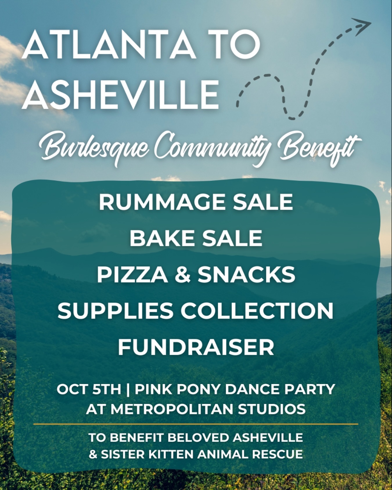 This Saturday starting at 7:00 PM we're raising funds and supplies to benefit Beloved Asheville and Sister Kitten Animal Rescue in Asheville, NC. If you happen to be coming to our Pink Pony Party at the same time we encourage you to participate in the fundraising activities and contribute:
⭐️ A rummage sale
⭐️ A bake sale featuring delicious goodies from Mercury Rising Baked Goods
⭐️ A drive for essentials. See the list below:
• Toilet Paper
• Period products
• Diapers
• Baby formula (pre-made single-serving)
• Baby wipes
• First aid kits
• Batteries
• Matches
• Candles
• Water flats
• Dry food
• 5 gallon camp jugs
• Emergency meds - even 4 days worth (insulin, blood pressure etc)
• Dry pet food
Thank you, and we appreciate your support!
