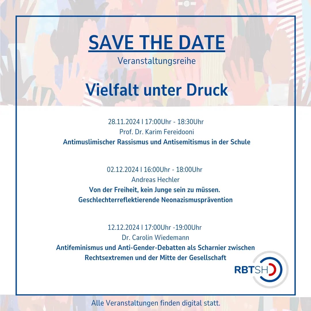 Save the Date!
Wir möchten euch zu unserer Veranstaltungsreihe zum Thema „Vielfalt unter Druck“ einladen.
Im November und Dezember freuen wir uns schon mal über spannende Vorträge von @fereidooni.karim, Andreas Hechler und @ca.wiedemann.
Die Veranstaltungen werden digital stattfinden und die Anmeldung dazu wird bald möglich sein.
Wir freuen uns schon!
#std #veranstaltung #GegenRechts #demokratie #online