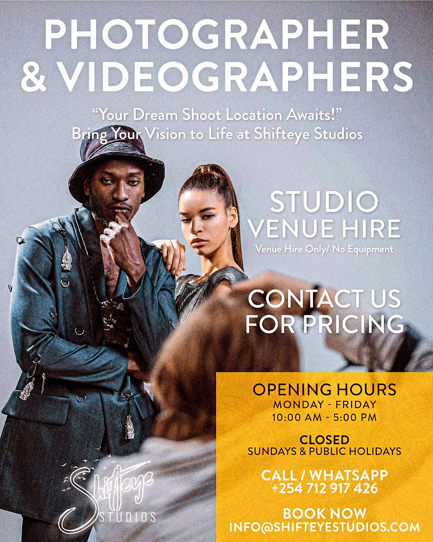 PHOTOGRAPHERS & VIDEOGRAPHERS
At Shifteye Studios, we offer you the perfect space to create magic! 📸 Whether you're shooting a fashion editorial, portrait, or product photography, our studio provides a versatile backdrop and all the essentials to take your photography to the next level. 🎨✨
• "Flexible Space for Multiple Setups" 🚧
• "Ideal for Fashion, Editorial and Commercial Shoots" 📸
• "Access to In-House Event Staff and Amenities" ☺️
Don’t miss out! BOOK your session now and bring your creative vision to life. 🎬✨ Limited availability, so reach out today!
DM us for availability or EMAIL us at info@shifteyestudios.com.
#PhotographyStudio #NairobiPhotographers #StudioRental #CaptureTheMoment #ShifteyeStudios #ShifteyeStudiosForHire #NairobiCreatives #KenyaPhotographers #ContentCreatorsKenya #StudioForHire #VideographyStudio #KenyaVideographers #EastAfricaStudio
