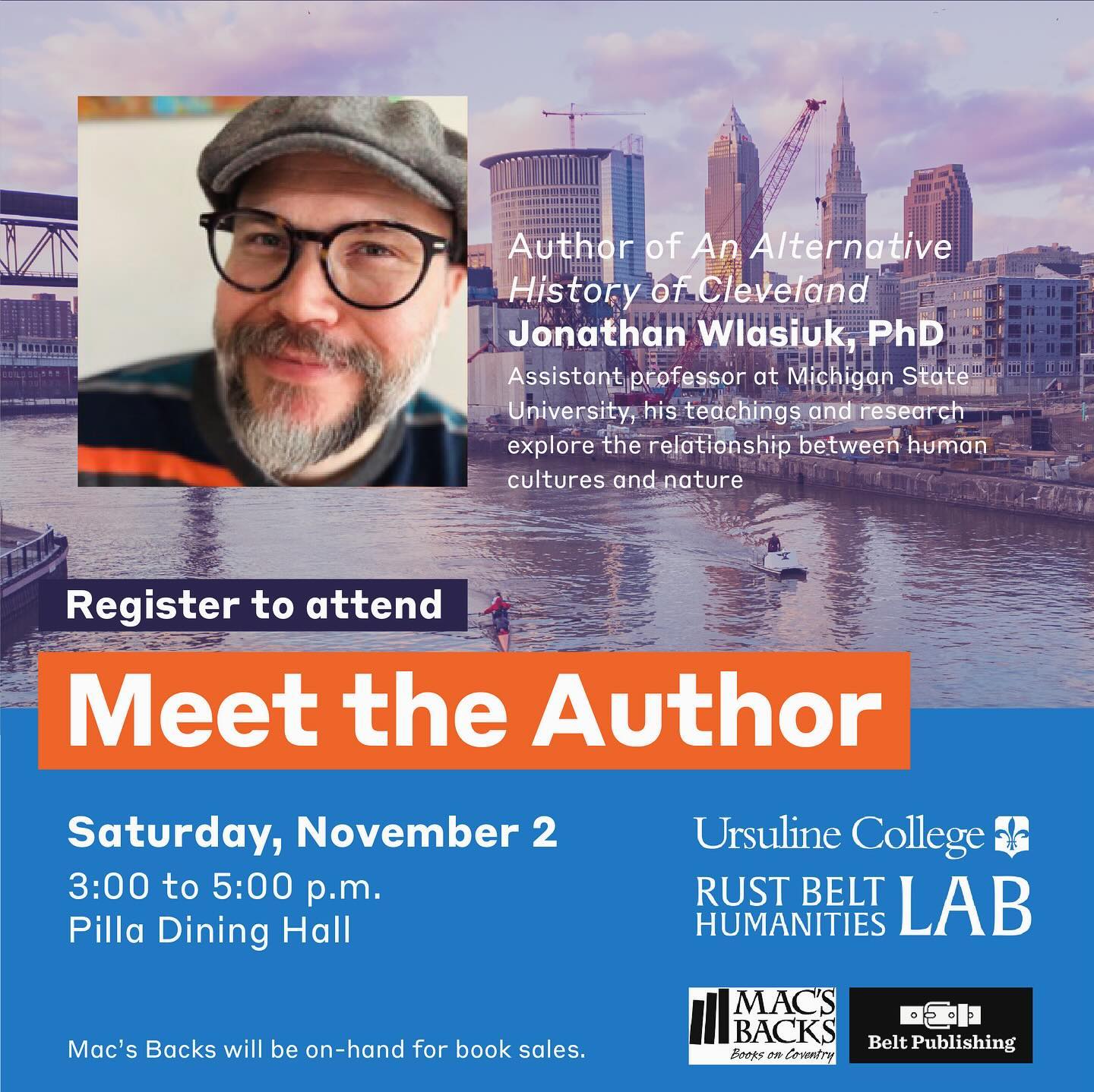 Join #rustbeltlab on November 2 on @ursulinecollege campus for a book talk: An Alternative History of Cleveland. The author will be on hand to sign copies and @macs_backs will be selling books on site! @beltpub Register here: https://forms.office.com/r/dcVRwqAdGT
