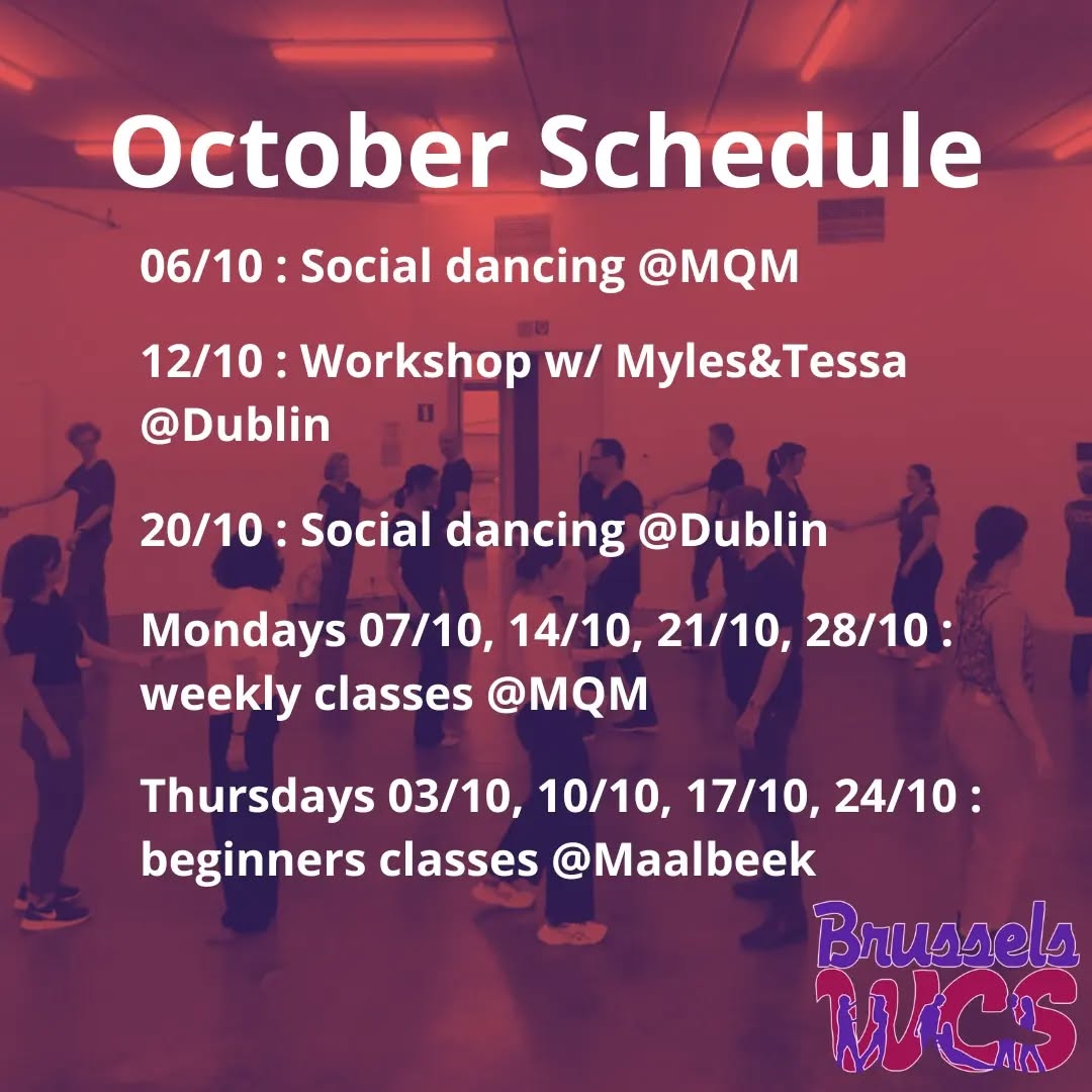 Another month full of activities !
Be careful, there will be no beginners class on Thursday 31st !
Join us for social dancing on the 6th at MQM and on the 20th at Dublin. You can also come from 16:00 to 18:00 at Dublin for the social after the amazing workshop with Myles and Tessa the 12th !