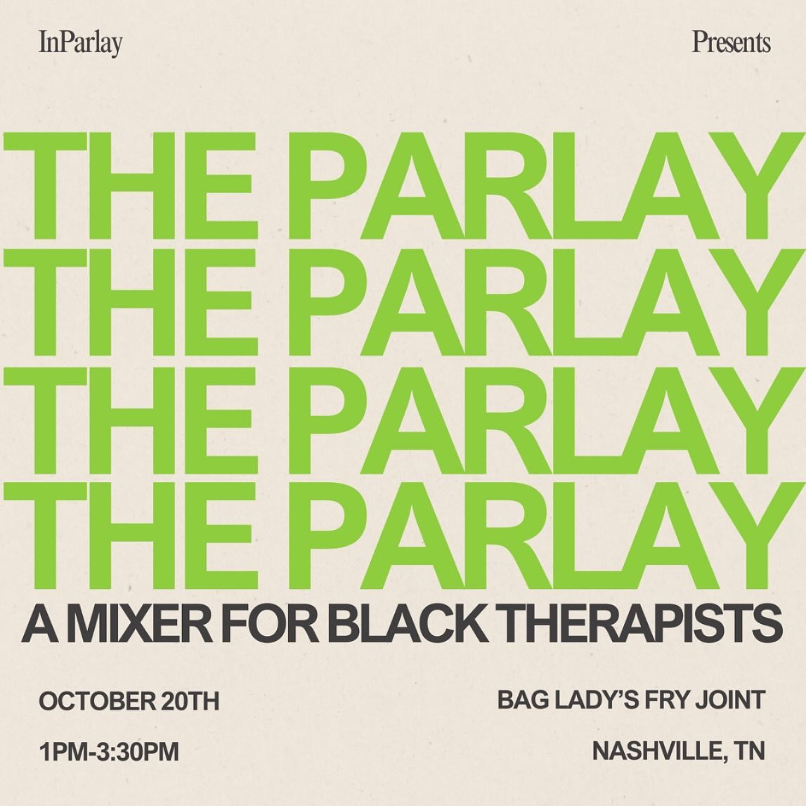 It’s that time again! Join us for The Parlay, a mixer designed for Black therapists to connect and unwind.
This month, we’re supporting another amazing Black-owned business — meet us at @bagladysfryjoint!
You definitely don’t want to miss this! So, mark your calendars and don’t just meet us there-beat us there! Can’t wait to connect and hang out with all of you! i #TheParlay #SupportBlackBusinesses #TherapistMixer less