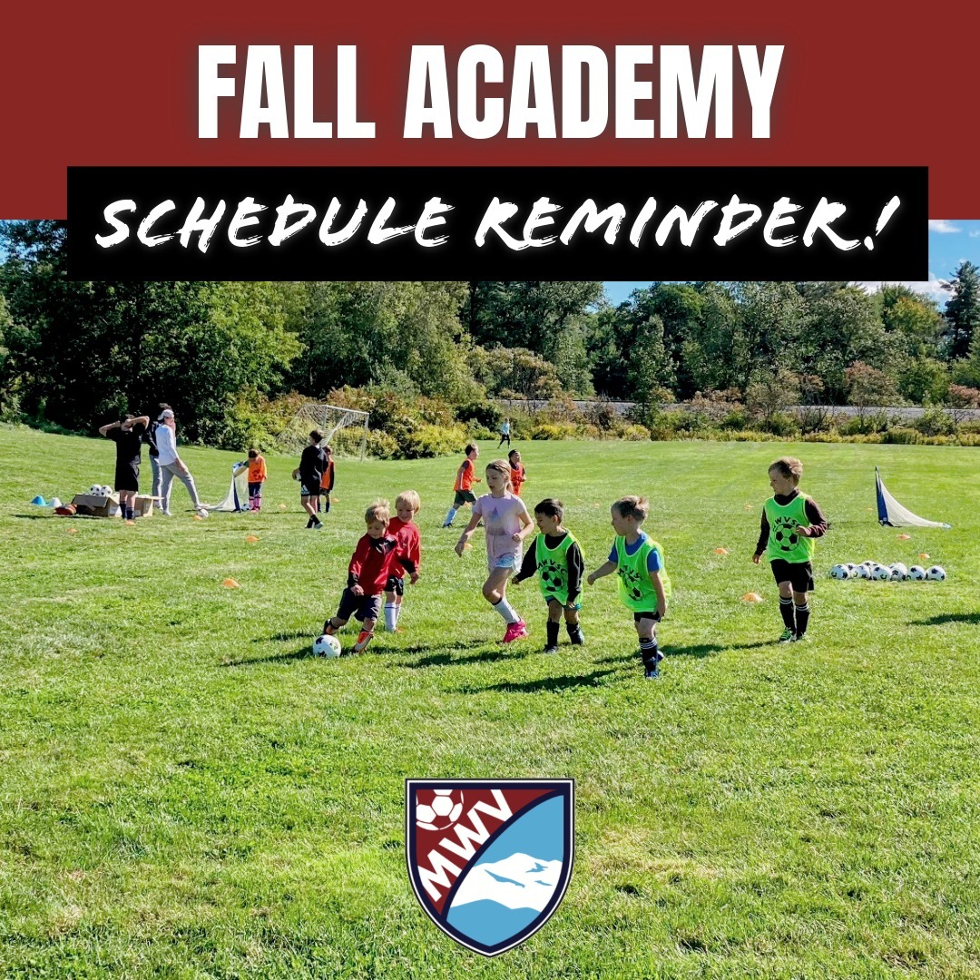 Reminder, there is NO Fall Academy soccer this Sunday, October 13th due to the holiday weekend.
U6-U10 has a Thursday sesssion this Thursday, October 17th at Whittaker Field next to the old John Fuller Elementary.
Sunday session for both age groups is back next Sunday, October 20th at normal times at Kennett Middle School.