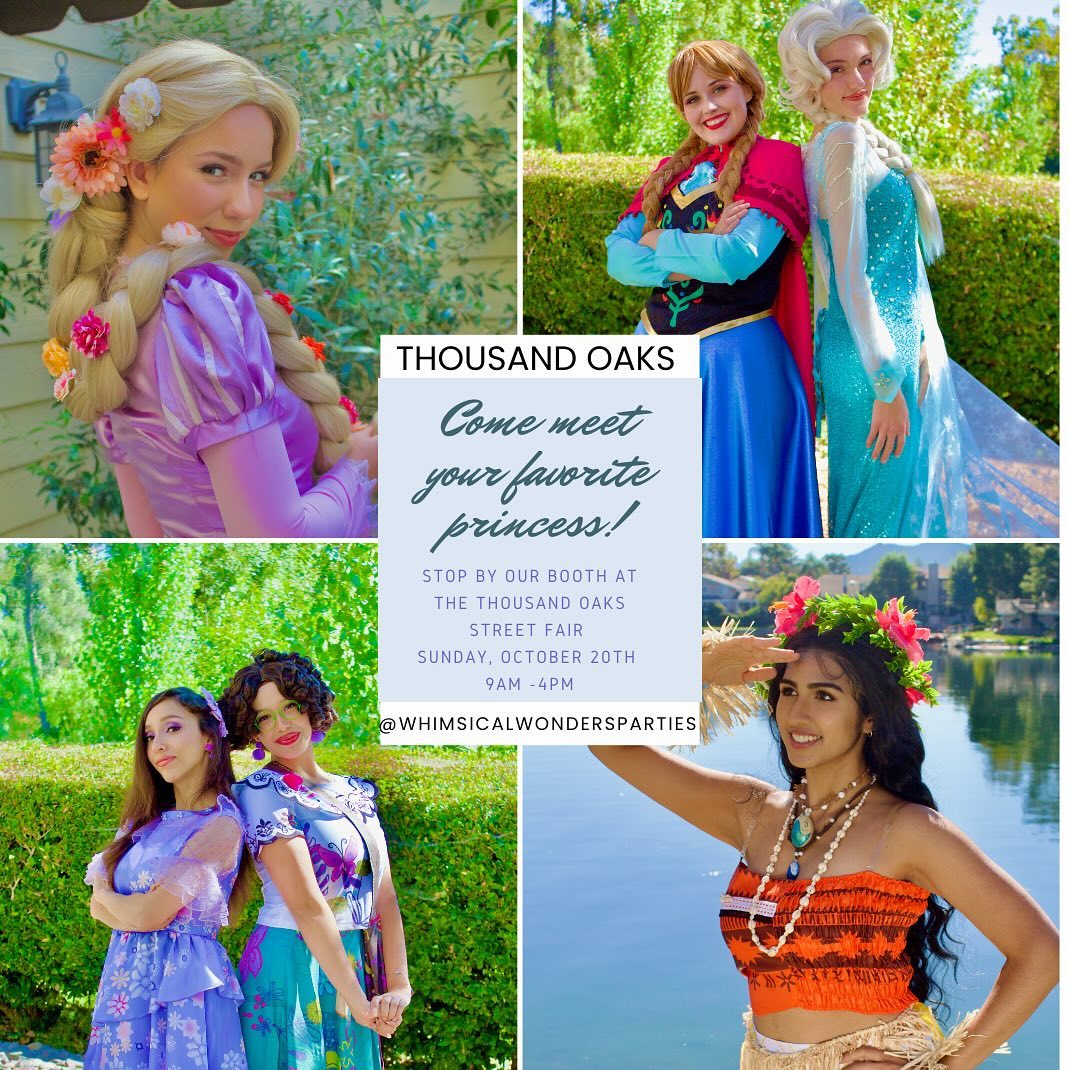 Come meet your favorites princesses this Sunday, October 20th from 9 am-4 pm! Stop by our booth at the Thousand Oaks Rotary Street Fair. 👑🎈