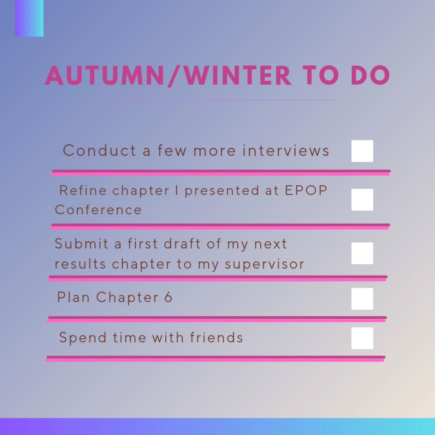 Following my annual review, I decided it was time I set out my goals for the colder months - I've found posting them on this account helps to keep me accountable.
Although I've done 40 interviews, I'd like to do a few more, so that's going to be something I work on, on the side.
My chapter I presented at the EPOP conference needs a bit of refining here and there, so at the end of November I'll get started with that.
My primary focus will be completing a draft - refine it - and send it to my supervisor. I've given myself a deadline to have it completed, just to help break up my workload.
I do also want to spend sometime on the sixth chapter, I have a very brief outline. Ideally, I want to start writing this in the new year.
Finally, spend some time with friends, in the hope it'll break up my work, work, work (and gym) mentality!