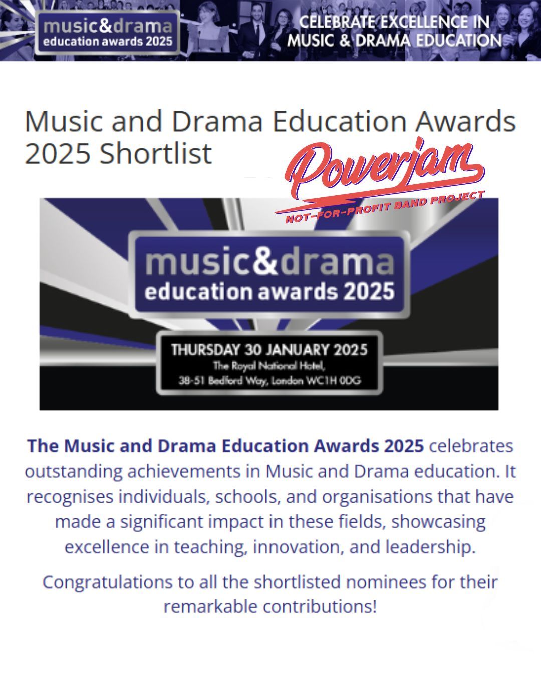 Wow, Powerjam is finalist for the nationwide Rocksteady Progressive and Inclusive Music Education Award!!! Thank you for the honour, Music and Drama Awards UK!!!
#musicanddrama #musicanddramaawards #awards #powerjam #powerjambands #powerjambandproject #musicawards #musiceducation #progressiveeducation @rocksteadymusicschool #inclusiveeducation #richmonduponthames #twickenham #richmondborough #twickenhammusic #rocksteadymusic @visitrichmond @richmondnubnews @communityengagementteam #Richmonduponthamesmusic
