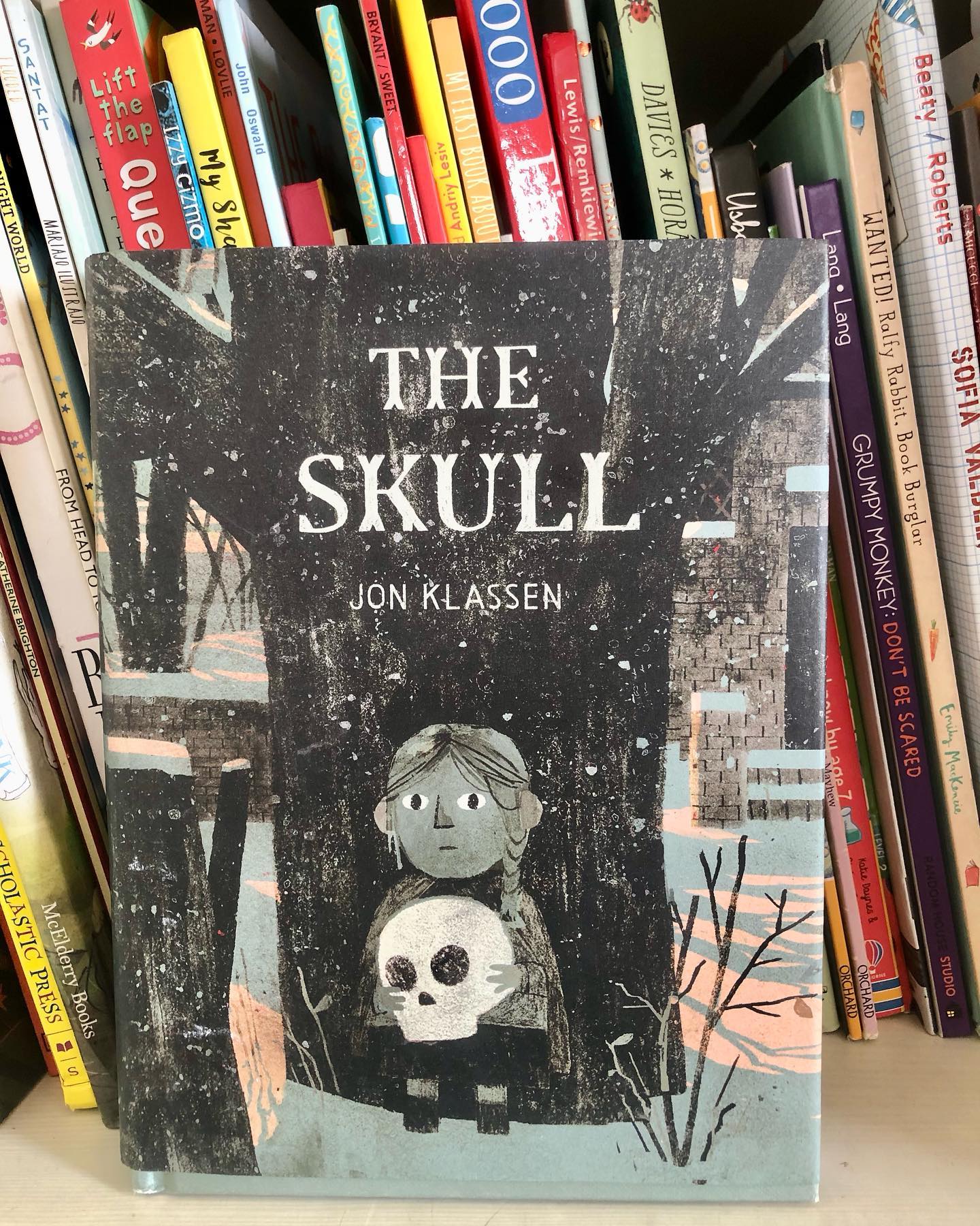 The Skull
By Jon Klassen
In The Skull, Otilla is on the run, though from what, we don’t quite know. Seeking refuge, she stumbles upon an empty house that seems deserted—until she meets its sole inhabitant: a talking skull. What follows is a strange, surreal cohabitation, where Otilla and the skull share quiet moments of domesticity—eating pears, drinking tea, and even waltzing in matching masks. But beneath this eerie calm lies a darker truth.
The skull reveals his secret: every night, he is pursued by a terrifying, headless skeleton, and he is utterly petrified. Otilla, having an advantage (with her limbs intact), decides to take matters into her own hands. What unfolds next is a macabre and strangely spooky sequence, where Otilla’s cold precision in dealing with the threat is both unsettling and impressive.
Their friendship, born out of mutual fear and the need to face their demons, becomes the strongest bond either of them has known. In the author’s note, Klassen explains how the story, inspired by a Tyrolean folktale, morphed into something uniquely his own. And that’s the beauty of folktales—each storyteller brings them to life in new ways, with each retelling adding a fresh flavor.
The story, while dark and eerie, ends on a surprisingly sweet note. Against all odds, you find yourself rooting for the skull—a strange sentiment for such a bizarre character, but Klassen makes it work beautifully.
As always, Klassen’s illustrations are a delight. The muted, monochromatic palette contrasts with the rich detailing, allowing the art to do much of the storytelling. And don’t skip the author’s note—it’s the highlight of the book, offering insight into the inspiration behind this hauntingly charming tale. #halloween