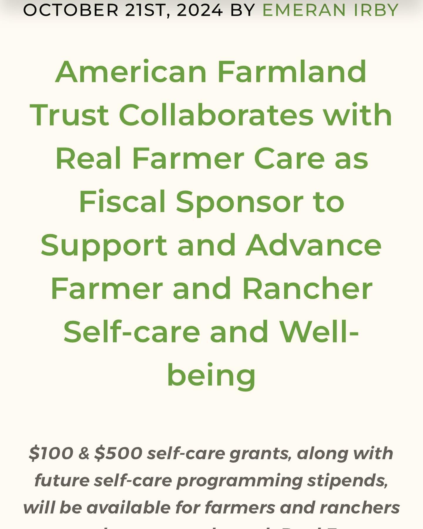 Exciting announcement!
American Farmland Trust Collaborates with Real Farmer Care as Fiscal Sponsor to Support and Advance Farmer and Rancher Self-care and Well-being.
$100 & $500 self-care grants, along with future self-care programming stipends, will be available for farmers and ranchers across the country through Real Farmer Care.
Link in bio to learn more.
#realfarmercare #americanfarmlandtrust #farmerselfcare #farmerwellbeing