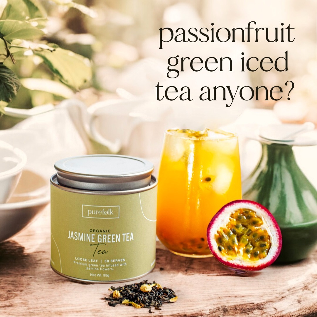 The taste of summer.☀️💚 Make our Passionfruit Green Iced Tea - Sweet, healthy, tropical goodness in a glass! Begin with Purefolk organic jasmine green tea brewed with sugar or honey, cooled and poured over ice, topped off with fresh passionfruit and a sprig of mint. Sip, relax and enjoy. #PurefolkTea #IcedTeaMagic #teatime #tealovers #PassionfruitIcedTea #SummerDrinks #healthydrinks
