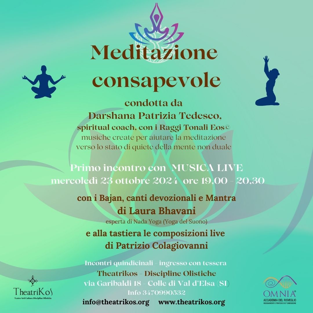 Domani a Colle Val d'Elsa
inizia questo nuovo ciclo di meditazioni con accompagnamento musicale, presso gli spazi del Theatrikos.
Per l'apertura del corso ci sarà anche Laura Bhavani Mariotti che suonerà e canterà alcuni bhajan della tradizione induista!!
Vi aspettiamo 𝐝𝐨𝐦𝐚𝐧𝐢 𝐚𝐥𝐥𝐞 𝟏𝟗 !!
#meditazioneconsapevole #meditazioneguidata #musicapermeditare #meditare #collevaldelsa #eventicollevaldelsa
#bajan #yogadelsuono #mentequieta #chakrabalancing #respiroconsapevole #guarigioneinteriore